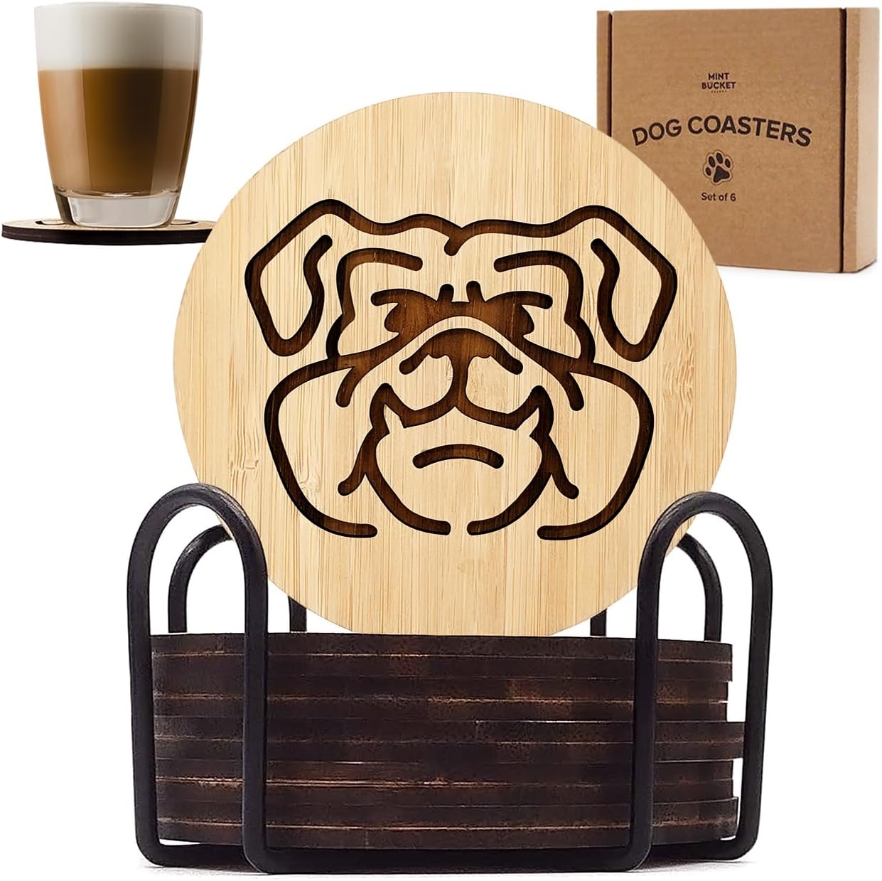 Set of 6 Bamboo Laser-Engraved Fun Dog Coasters with Iron Holder - Gift Packaging 3.9 Inch Non-Stick Absorbent Durable and Unbreakable Wooden Cup Coasters for Dog Lovers (Bulldog)