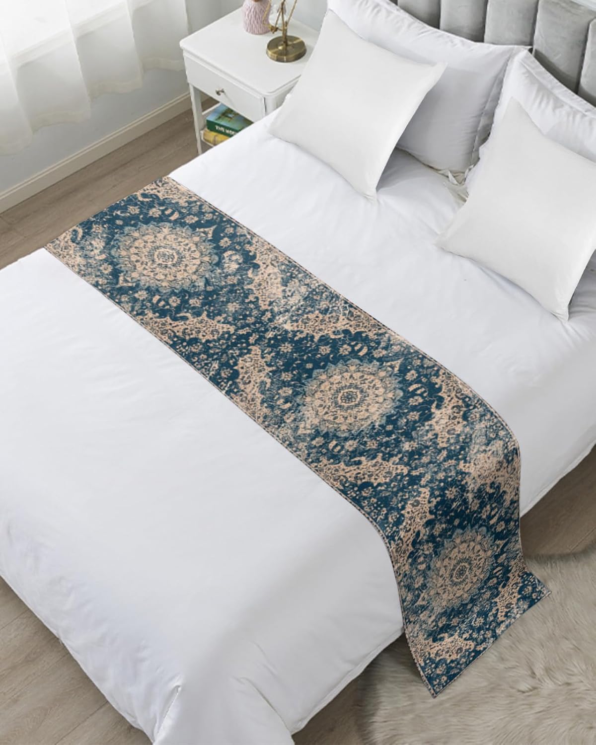 Antique Oriental Bed Runner Scarf Bedding Accessory For Cal King Size Bed,Soft Bed Scarves And Runners Stainproof Dustproof Bedroom Protector,Vintage Blue Geometric Aesthetics Flower 102"x20"