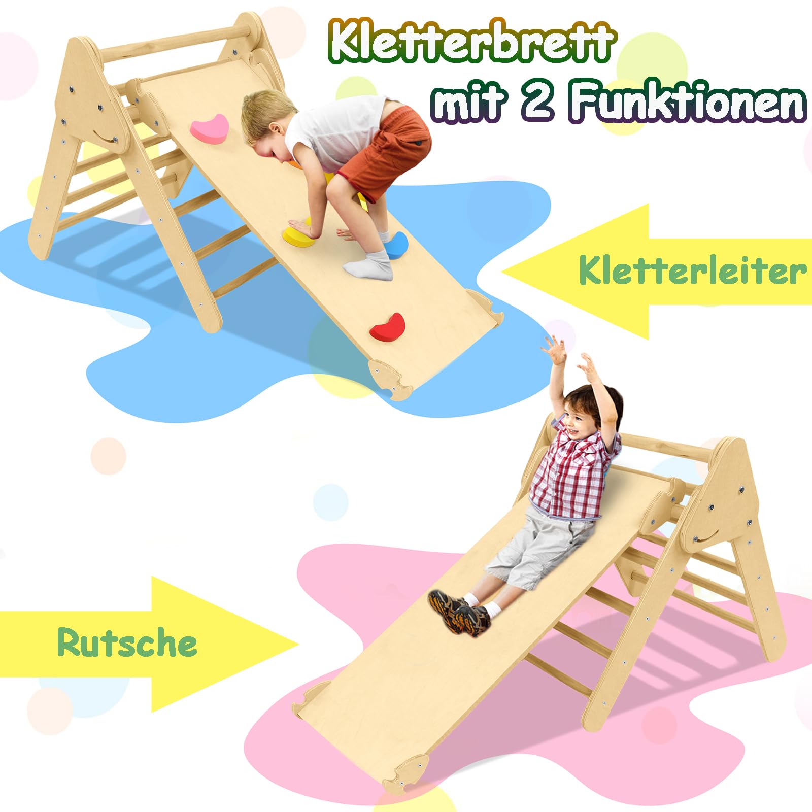 Aufun Klettergerüst Indoor Sprossenwand 3 in 1, Holz Kleinkind Klettergerüst Set, Kinder Pickler Dreieck, Baby Rutsche & Klettergerüste Indoor Spielgeräte für Kleinkinder ab 2-8 Jahr, ELC1072B