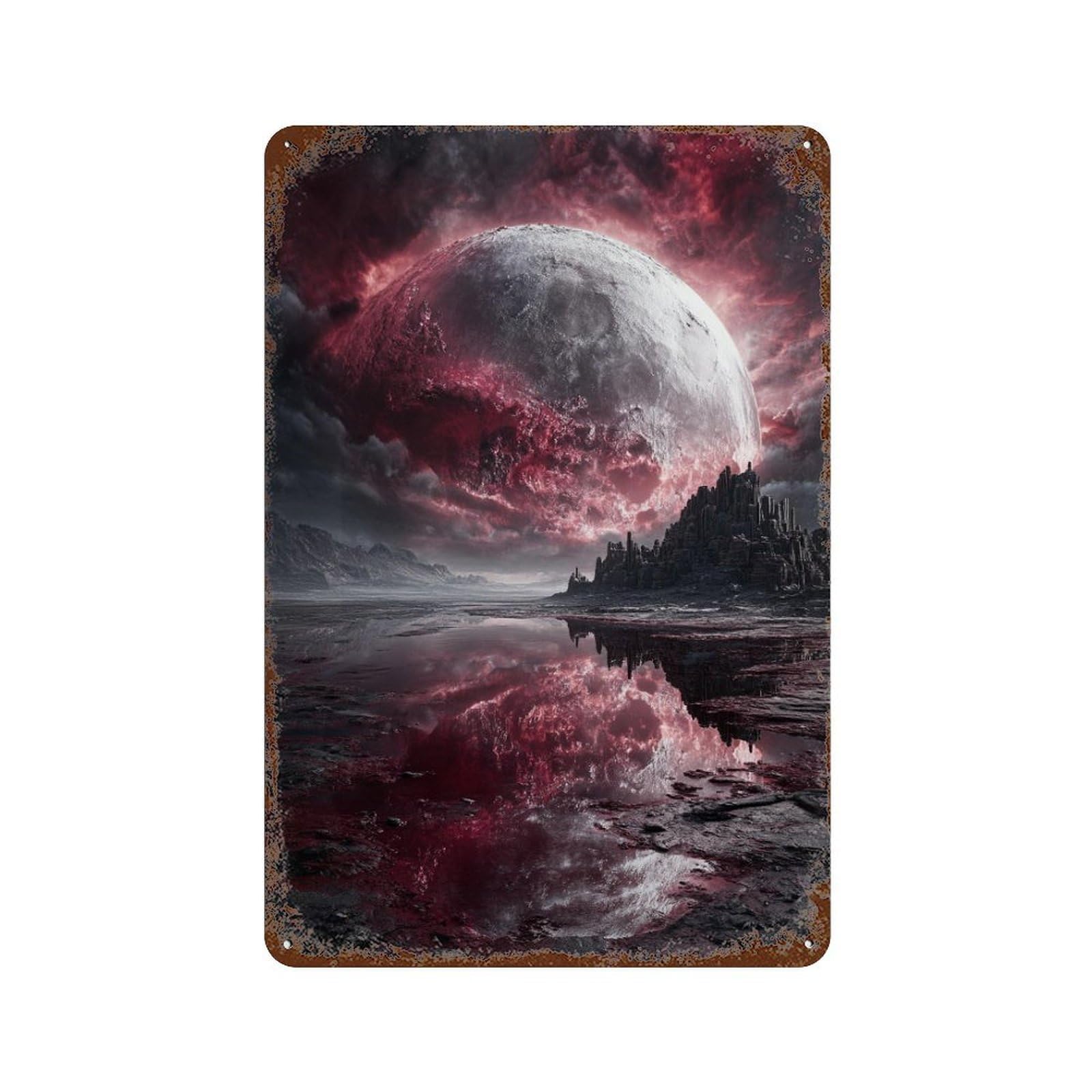 Retro Metal Sign Blood Moon Reflections Surreal Landscape 11.8"x7.9", Retro Wall Decor for Living Room, Hallway And Home Decor