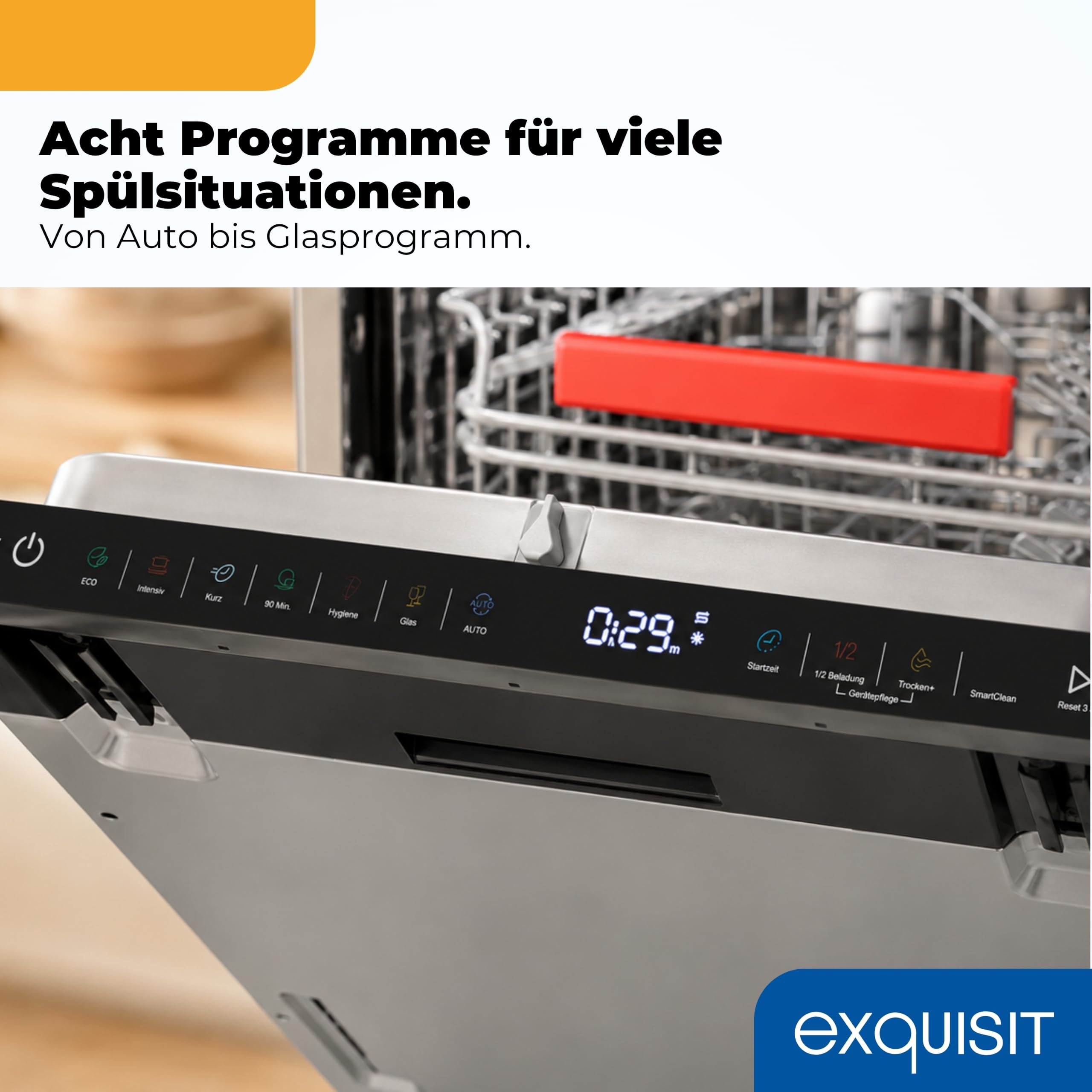 Exquisit Vollintegrierbarer Geschirrspüler 11 Maßgedecke | Energieklasse C | 8 Programme | Eco, Intensiv & Glas | Aquastop | Besteckschublade | Extra-Trocknung | Startzeitvorwahl | LED-Fußbodenanzeige