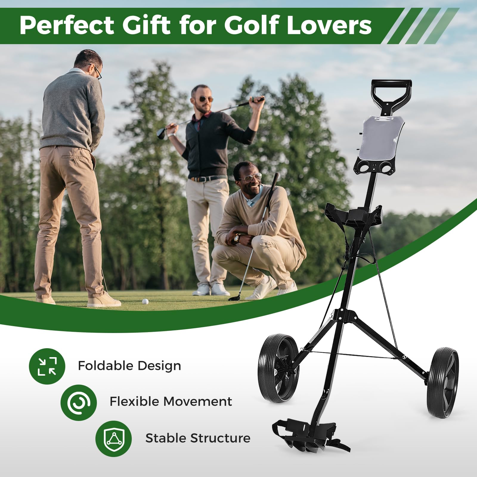 GYMAX Carrito de Golf de 2 Ruedas, Carrito de Golf Plegable Ligero con Marcador, Carrito de Golf de Acero