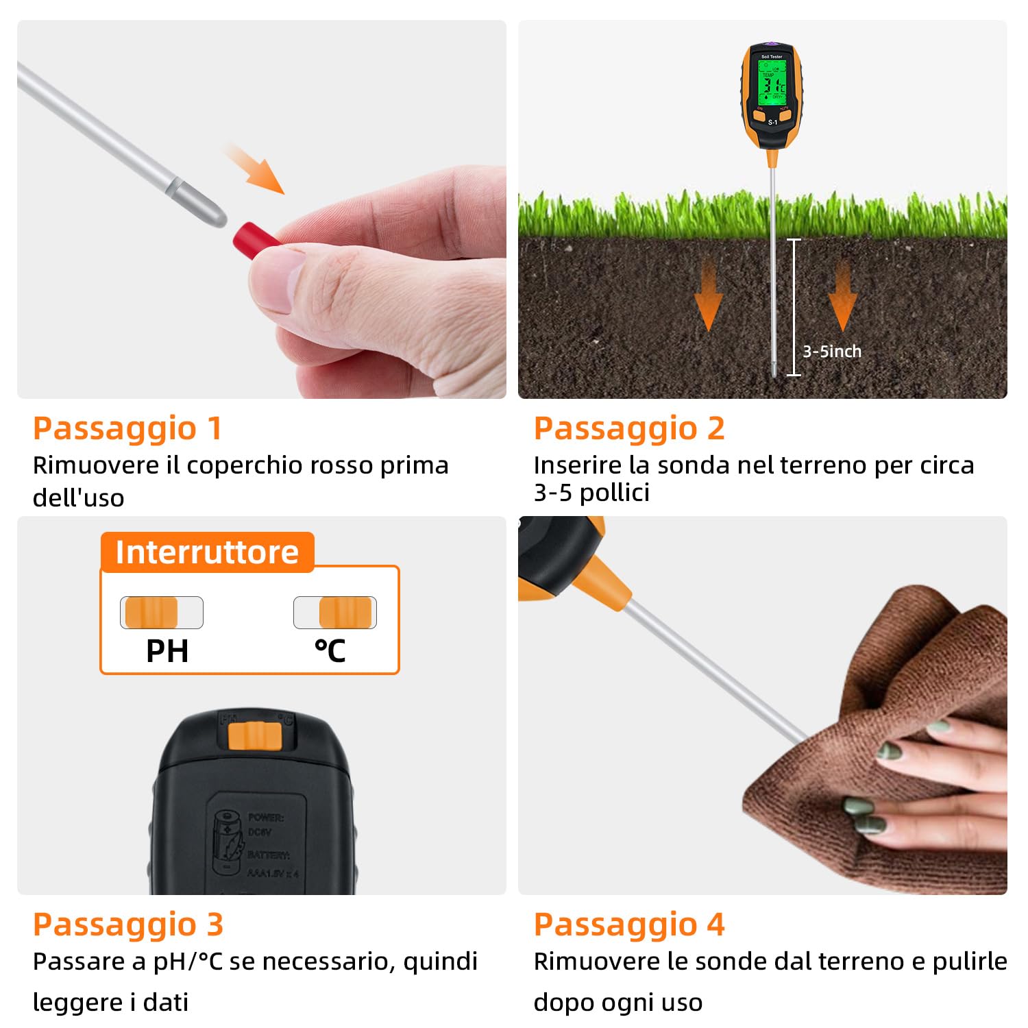 Mcbazel Misuratore del Suolo Digitale 4 in 1 per Piante, Tester per Il Suolo con PH/Temperatura/umidità/Luce per Giardinaggio, Prato, Agricoltura e Piante da Esterno