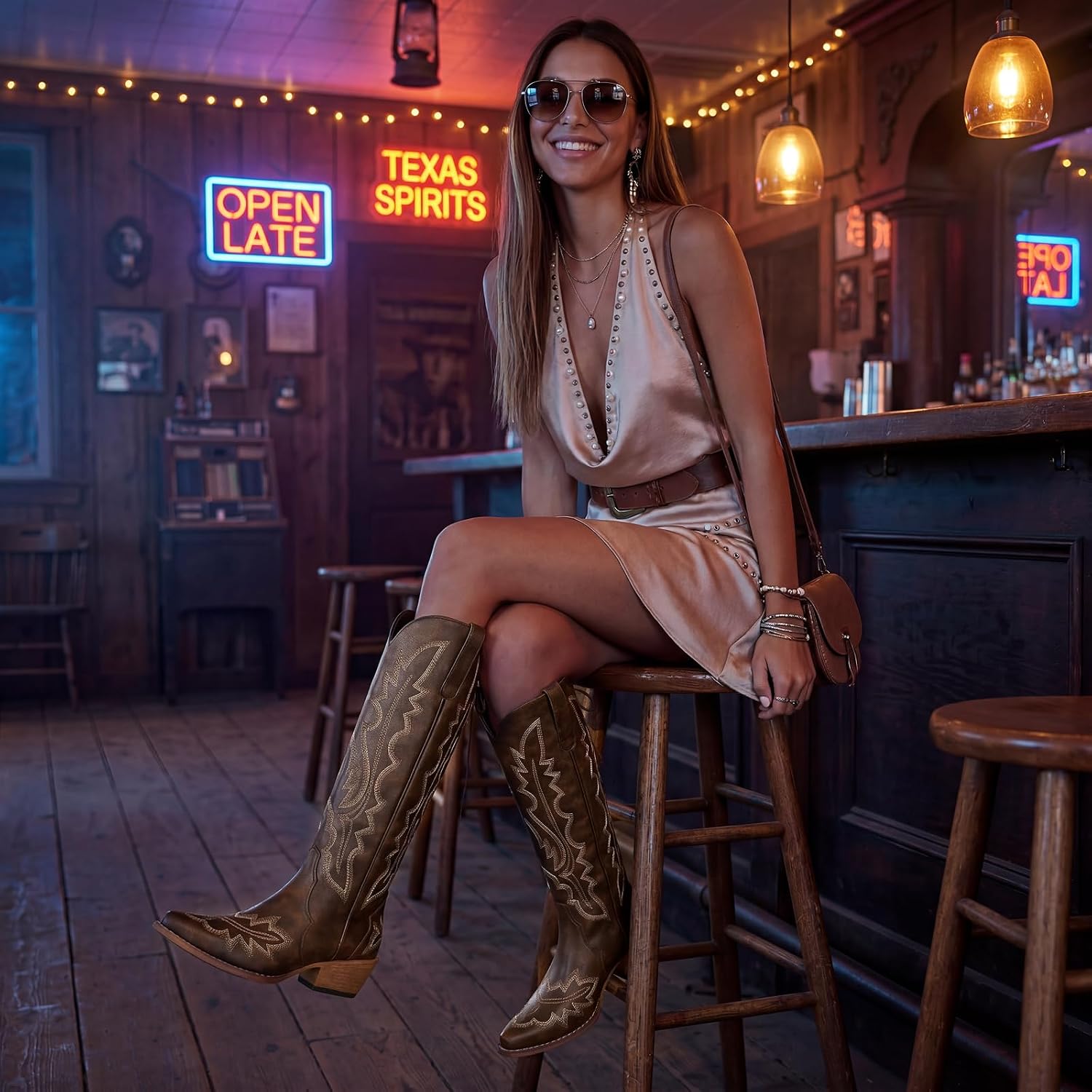 Rollda Cowboy Boots for Women Wide Calf, Lace Up Knee High Cowgirl Boots, Adjustable Womens Western Tall Boots Plus Size with Embroidery Snip Toe Chunky Heel Pull On