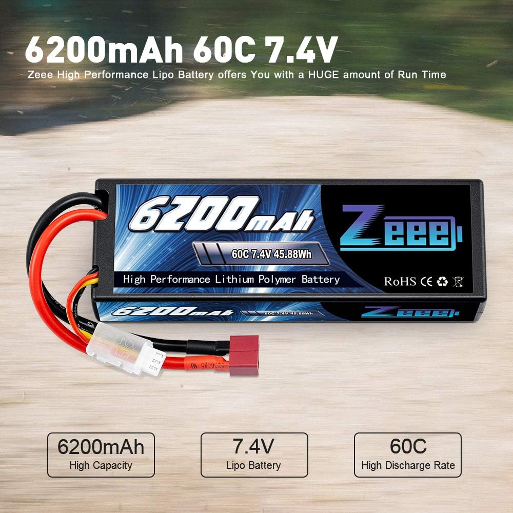 Zeee 2S Lipo Battery 6200mAh 7.4V 60C Hard Case Battery with Deans T Connector for RC Vehicles Car Truck Truggy Boat Racing Hobby(2 Pack)