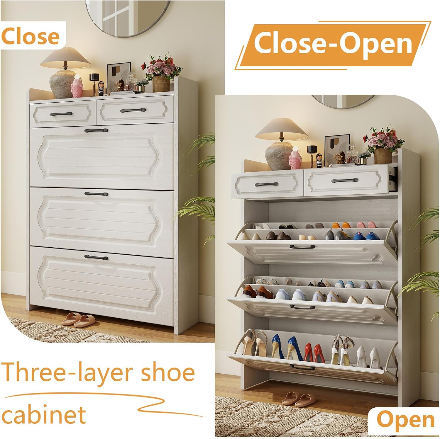 Shoe Cabinet with 2 Storage Drawers & 3 Large Flip Drawers for Entryway, Narrow Wood Shoe Storage Cabinet, Freestanding Hidden Shoe Organizer for Hallway, Living Room, Home & Apartment (White,Style B)