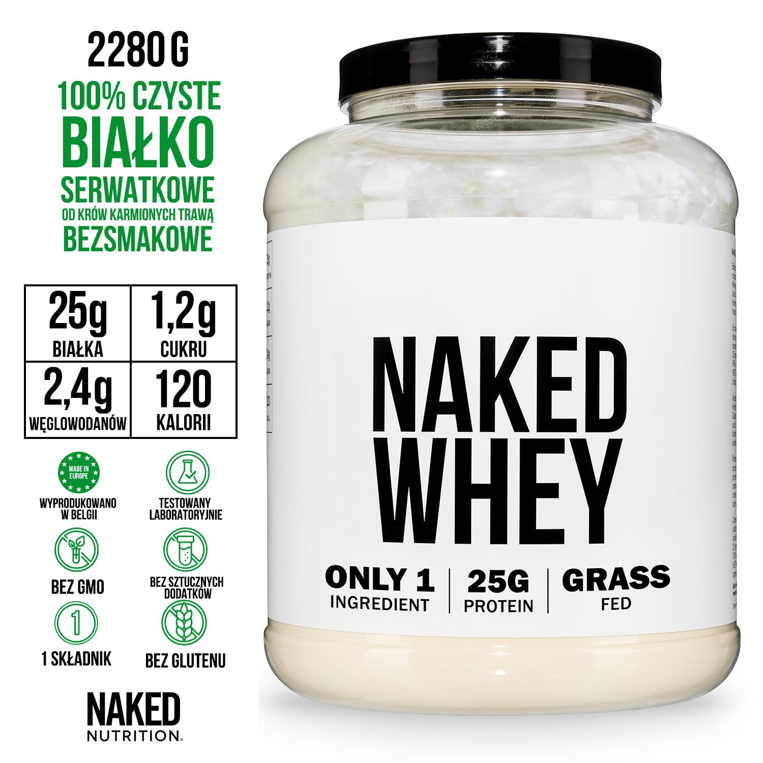 Naked Whey - Suplement diety w postaci proszku zawierający czyste białko serwatkowe, bezsmakowe, bez konserwantów, bez GMO, bez soi, bez glutenu, wspomagający wzrost i regenerację mięśni, 2280 g