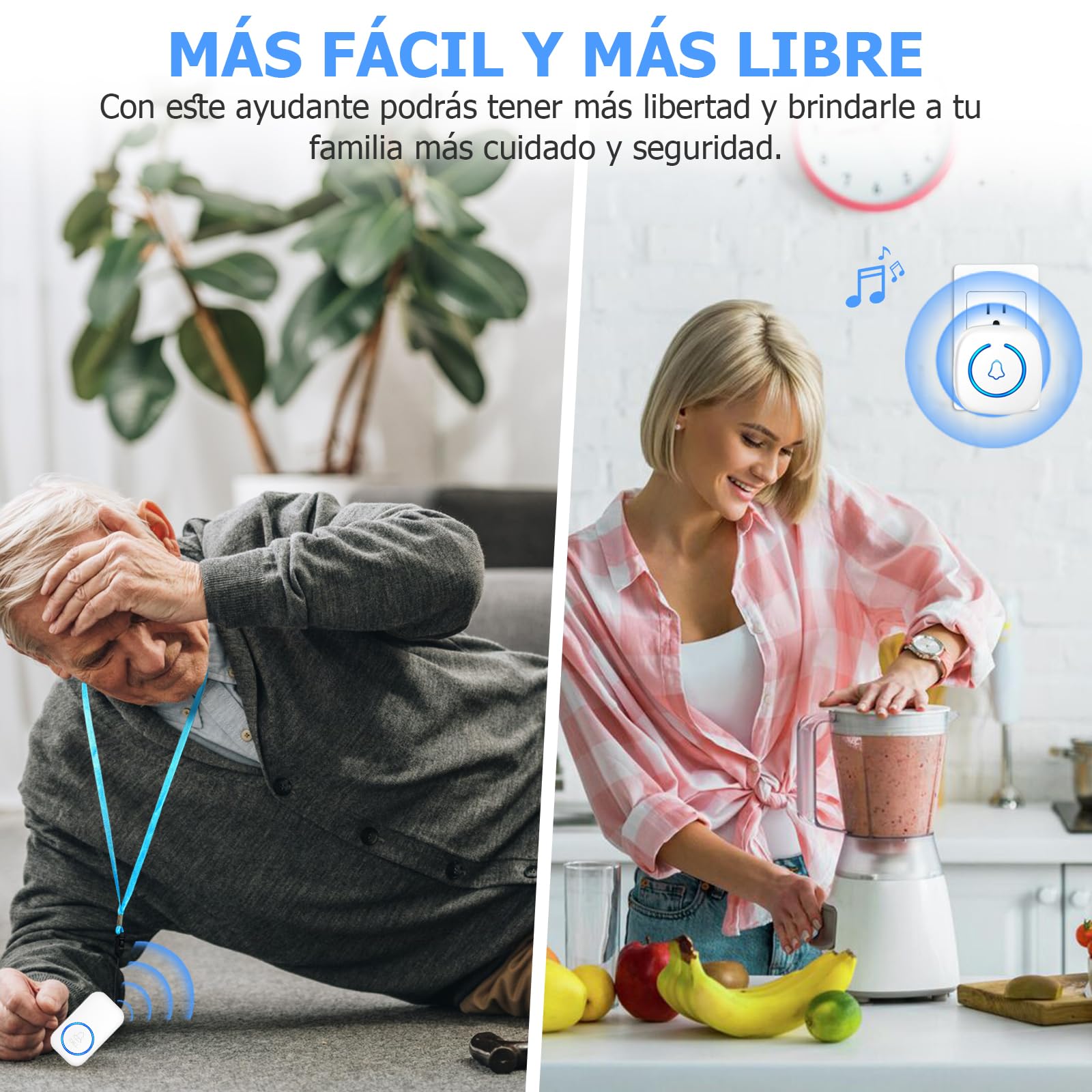 Timbre de Llamada de Emergencia para Ancianos con Vibración, Luz y Sonido (2 Emisores + 2 Receptores)
