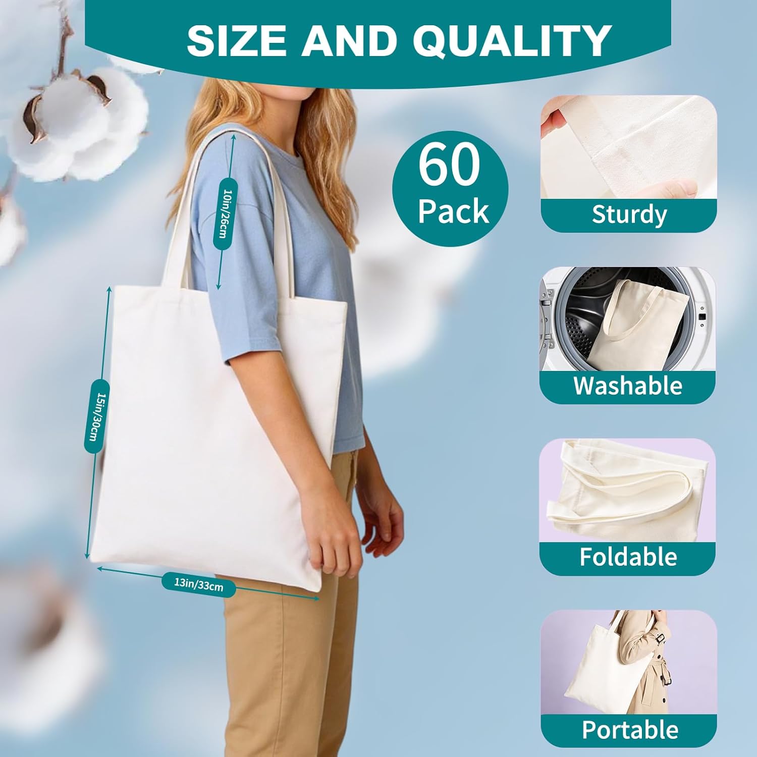 60 Pcs Sublimation Blank Tote Bags Bulk, Reusable Grocery Bags DIY Heat Transfer Canvas Tote Bag, Personalized Gifts for Women Men, Advertising, Valentine's Craft, Party Shopping Totes (White)