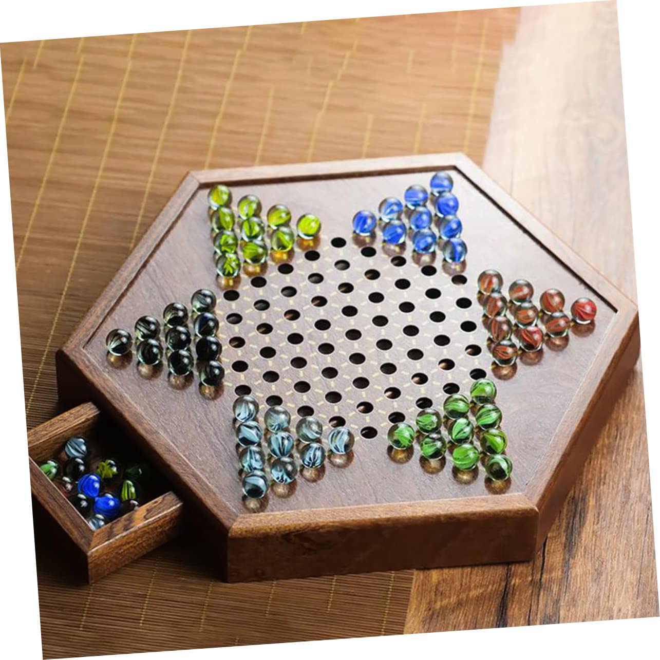 BESTonZON Set da Gioco Marrone e Cassetto Porta Biglie Dama Cinese in Legno Vassoio Esagonale e Pianificazione per Intrattenimento Familiare