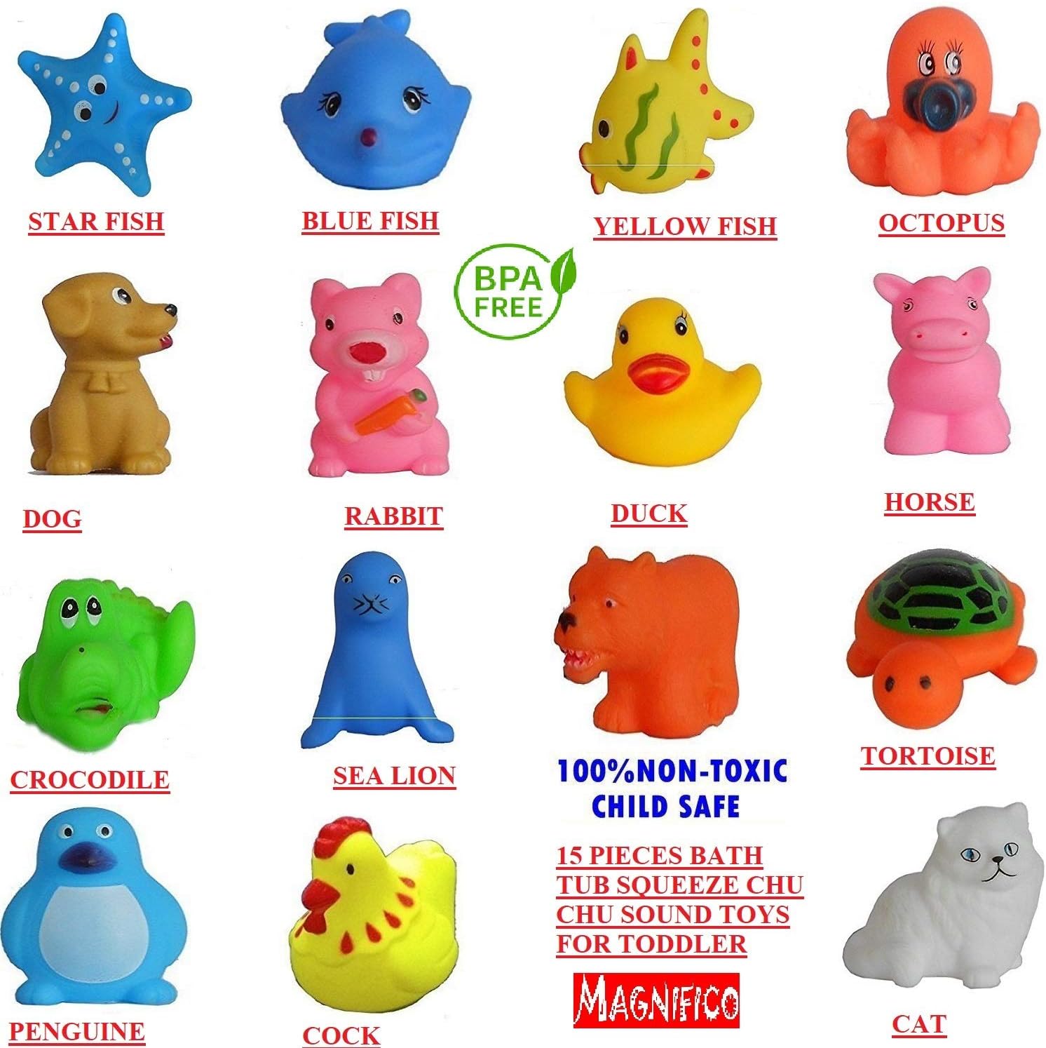 MAGNIFICO CM SALES Animal Shape Non Toxic Squeeze Chu Chu Bath Toys for Baby -15 Pieces