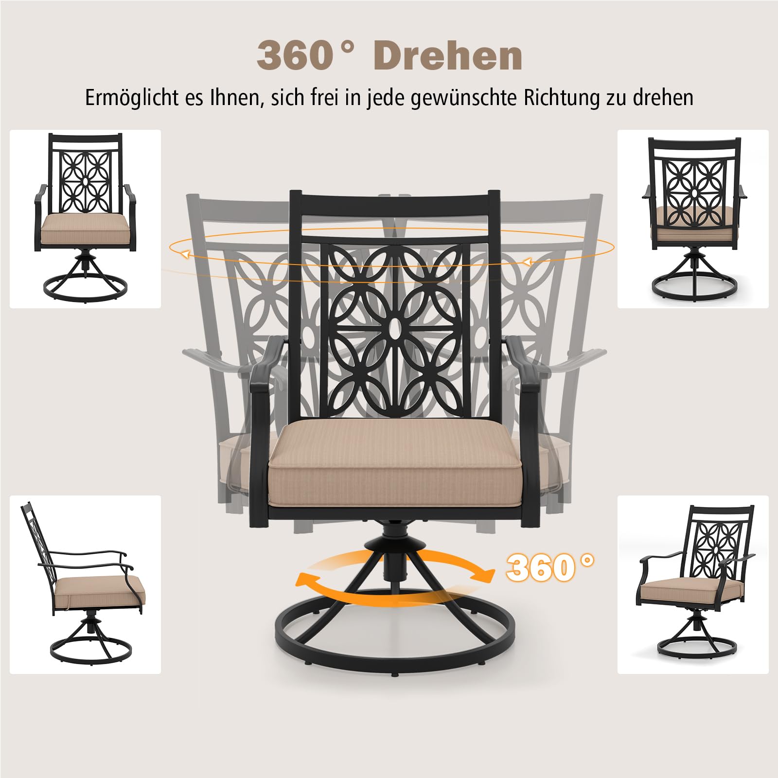 GOPLUS 2er Set Gartenstuhl 360 Grad drehbar, Balkonstuhl Terassenstuhl aus Metall bis 150kg, Drehstuhl Outdoor mit Rückenlehne & Armlehnen für Garten Hof Balkon (Braun)