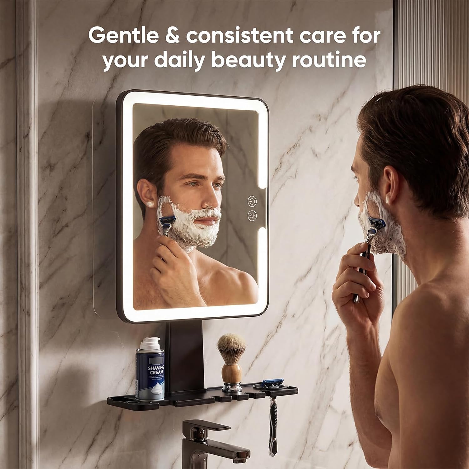 Lighted Anti-Fog Shower Shaving Mirror with 3 Color LED Modes, 1000mAh Rechargeable Bathroom Mirror, Waterproof No-Drill Adhesive Wall Mount, Razor Holder, Rectangular