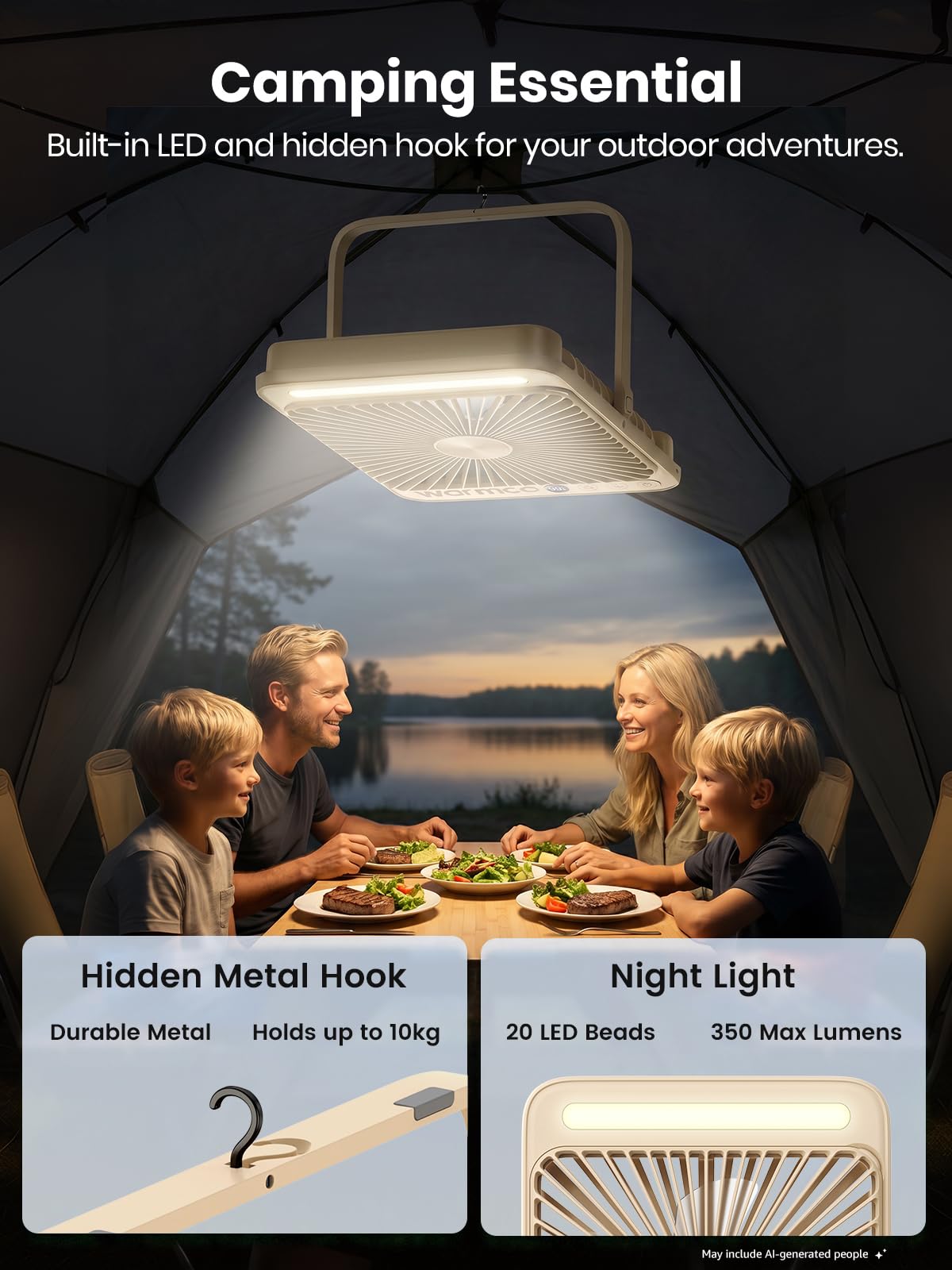 Warmco D4 Max Ventilador Camping 20000mAh, Carga Rápida 45W | Hasta 37H, Ultrafino 4,5 cm, 4 Velocidades, Linterna LED Y Gancho Para Camping, Dormitorio, Oficina Y Viaje