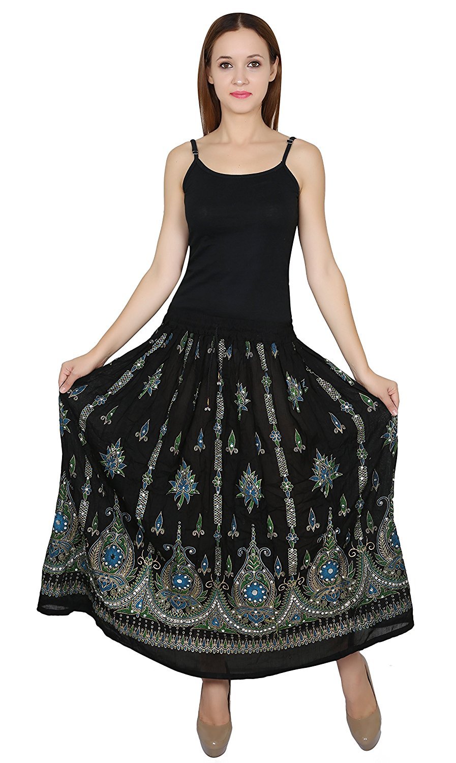 Women's Rayon Handcrafted Sequence Jaipuri Skirt (Black and Blue, Free Size)