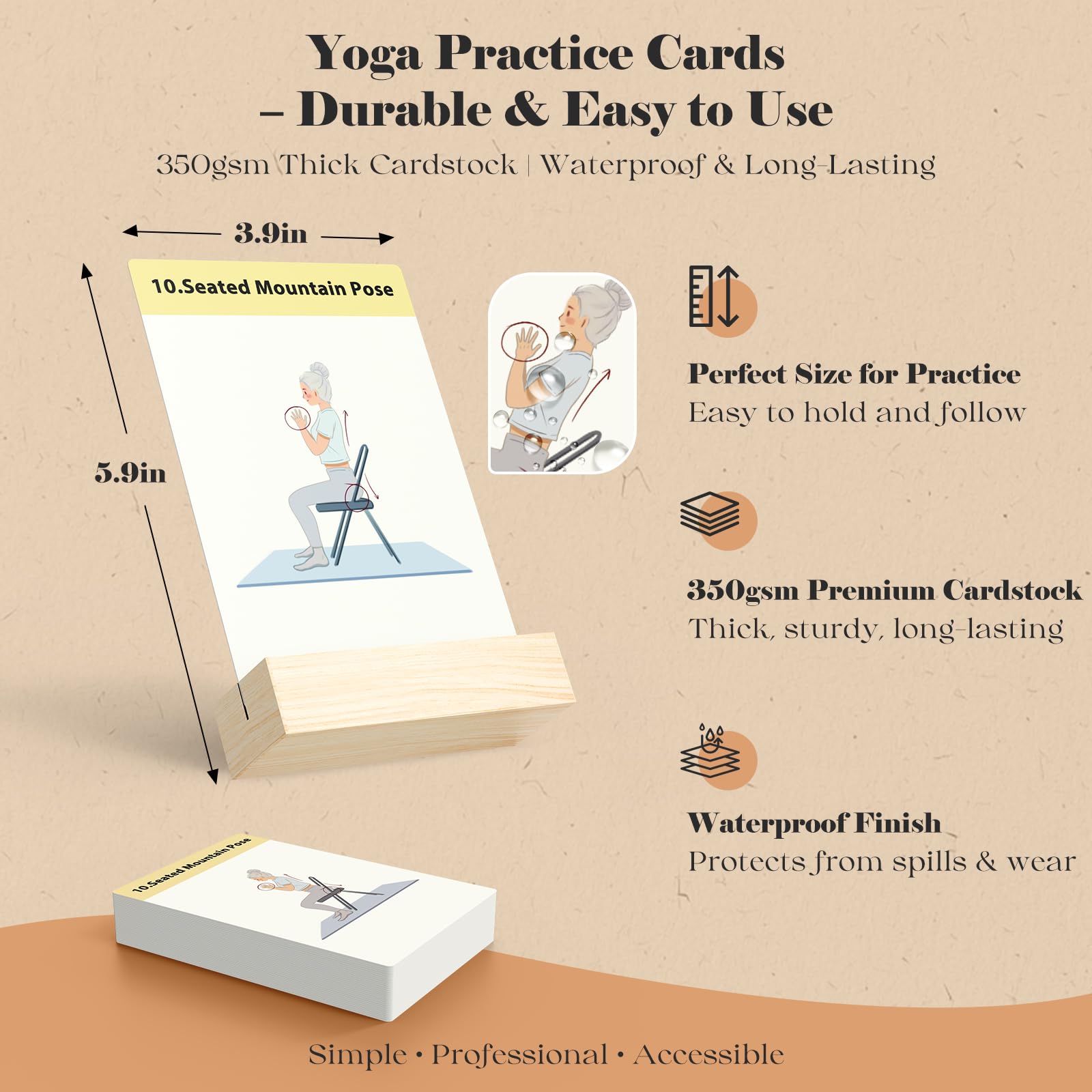 Carte da yoga con supporto in legno massello per anziani e anziani, 50 esercizi di stampa grandi con 5 routine guidate, il regalo perfetto per yoga, equilibrio, forza e flessibilità