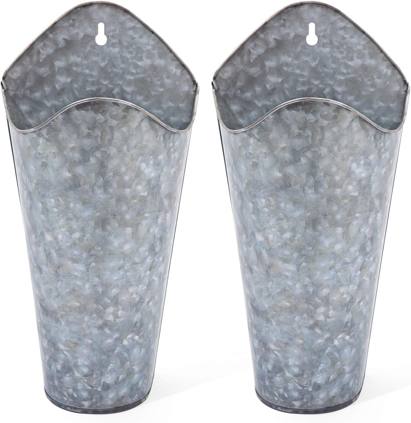 Mkono Galvanized Metal Wall Planter Farmhouse Wall Vase for Artificial Plants Flowers, Rustic Hanging Fake Flowers Holder Country Home Bedroom Living Room Decor Set of 2, Silver, Small