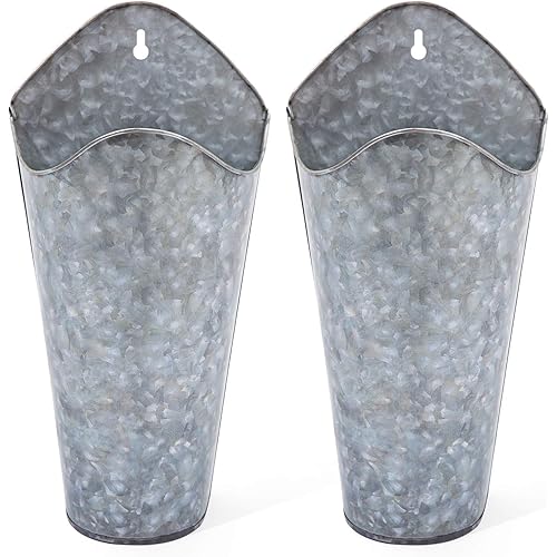 Mkono Galvanized Metal Wall Planter Farmhouse Wall Vase Planters Decor for Succulents or Herbs, Rustic Wall Hanging Planters Flowers Holder Country Rustic Home Wall Decor Set of 2, Silver
