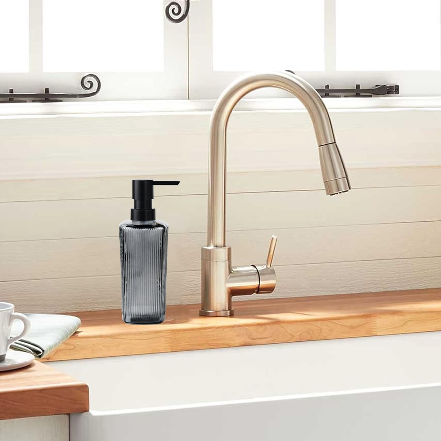 12 oz Glass Soap Dispenser with Vertical Stripe with Black Plastic Rustproof Pump, Small Refillable Soap Dispenser for Kitchen and Bathroom (Grey) - Image 3