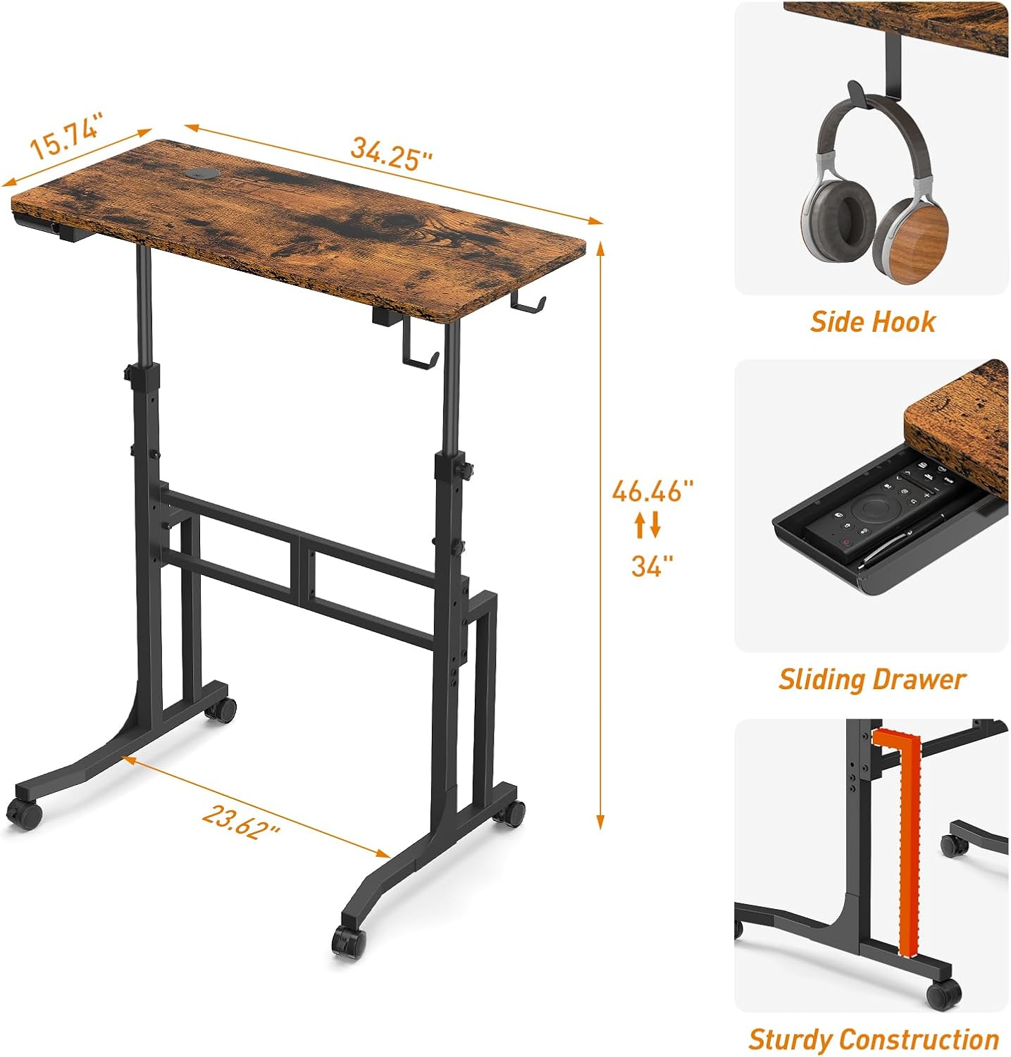 ikkle Standing Desk with Wheels, Adjustable Treadmill Desk, Rolling Bike Trainer Desk for Walking Pad Laptop, Phone Standing, Brown