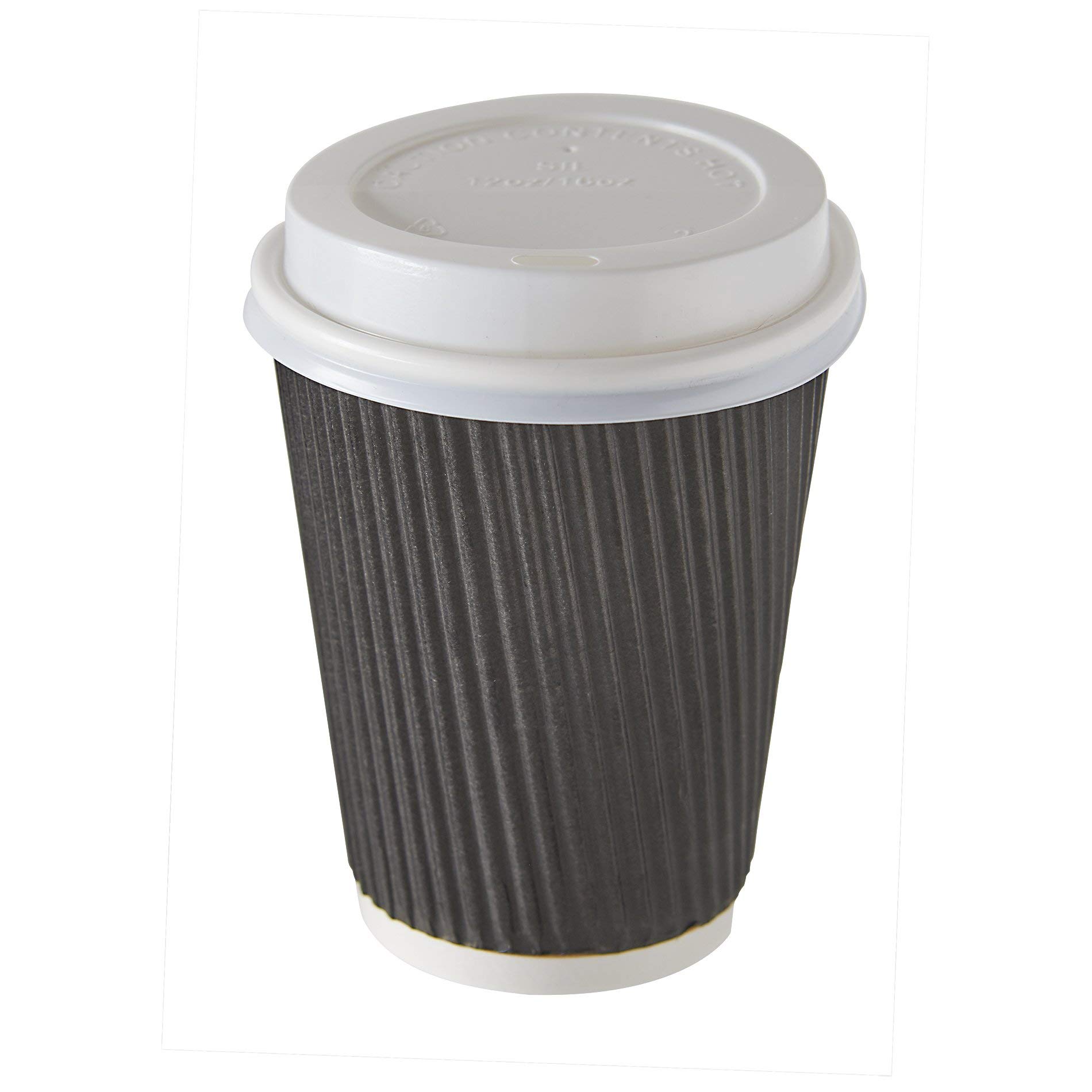 HOT BARGAINS Triple Wall Black Paper Coffee Cups with Reusable Lids, 12oz/360ml Disposable Ripple Cups, Pack of 100