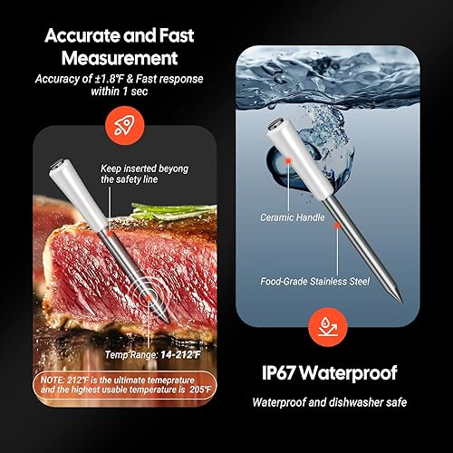 Miniatura 4 de Termómetro digital inalámbrico para carne con pantalla LED blanca transparente, termómetro de carne Bluetooth 5.4 de 1000 pies, sonda inteligente