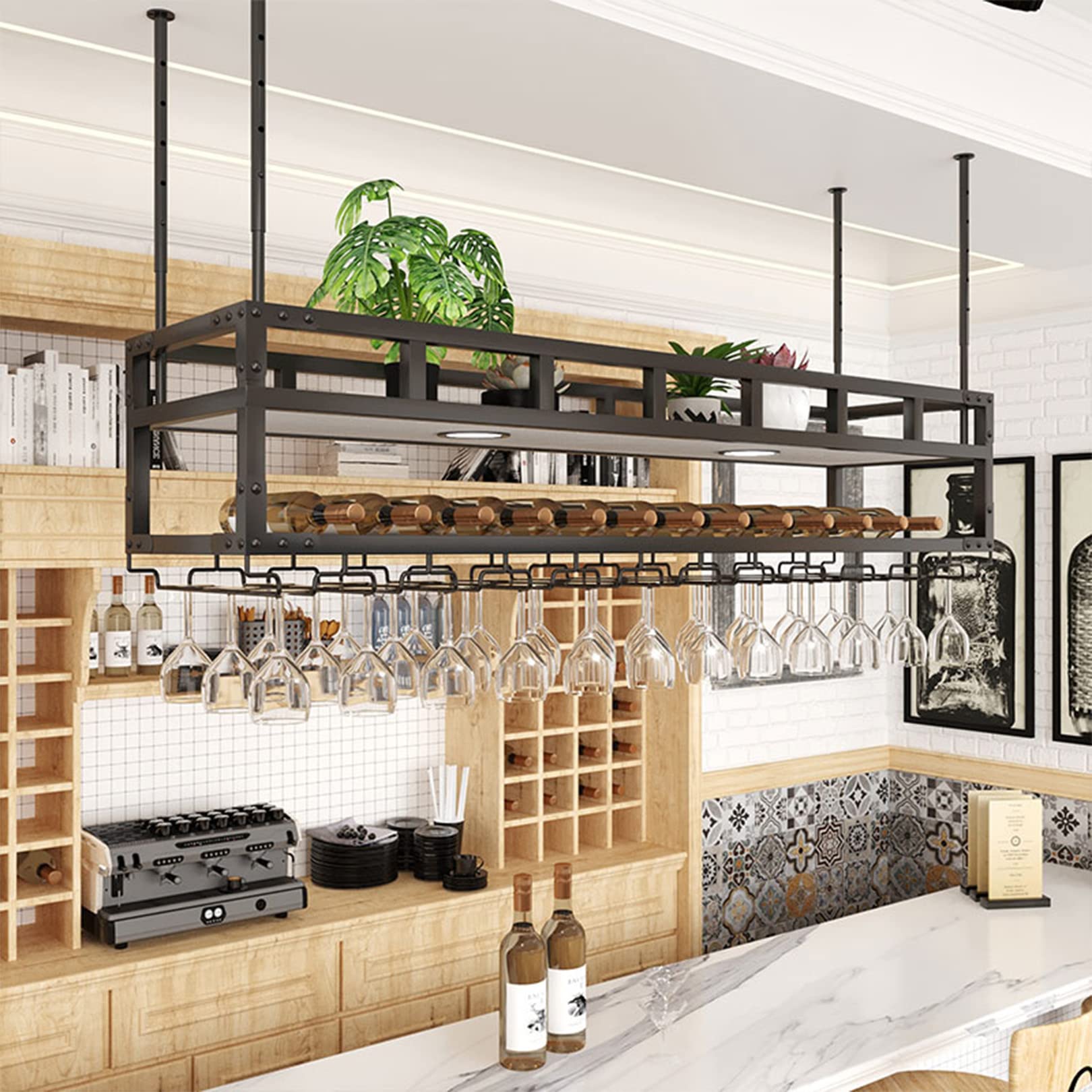 WXQDDA Hanging Wine Rack with 2Lights, Ceiling Mounted Wine Rack Adjustable Industrial Hanging Wine Bottle Holder, Metal Iron Wine Shelf for Bar Dining Room,Black,80x30cm Chaser of Light