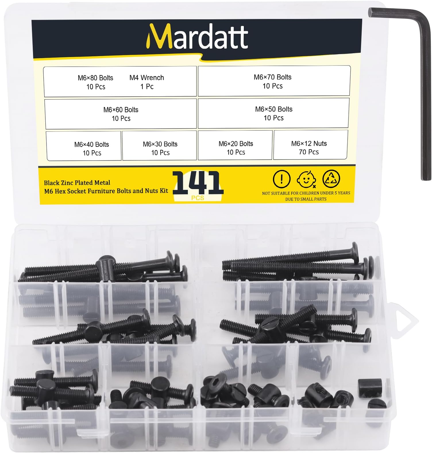 140Pcs M6 Crib Screws Hardware Replacement Kit Black Hex Socket Cap Bolts Crib Bolts and Barrel Nuts Cross Dowel Assortment Kit M6x20/30/40/50/60/70/80mm for Furniture