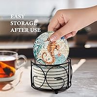 Vista 4 de Teivio Posavasos de piedra absorbente con temática de vida marina para bebidas, base de corcho con soporte, decoración costera con tema de playa