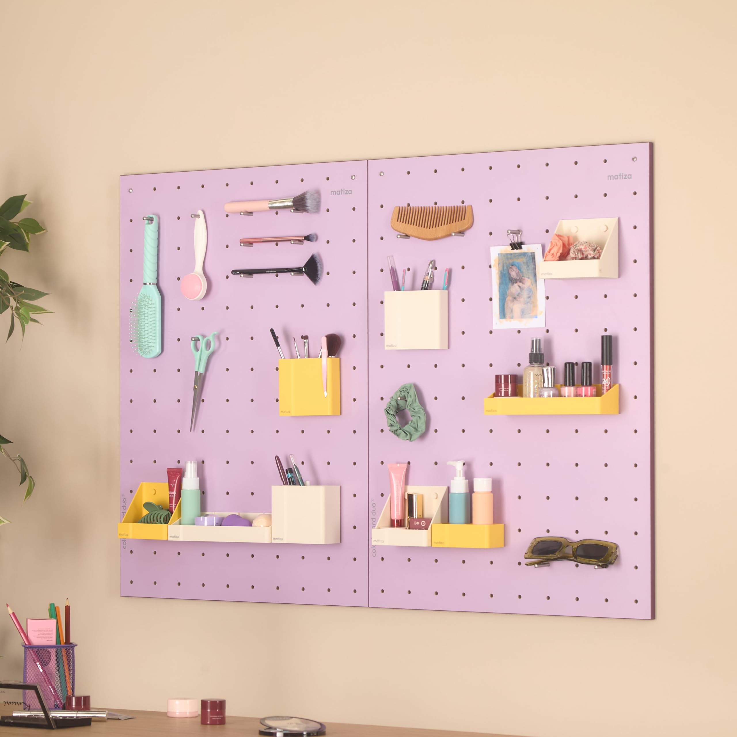 Perforated Wall Board, pegboard, Desk Organizer, Tool Panel, Perforated Panel, Matiza (50 cm x 70 cm, Lavender, Biscuit, Blue, Yellow) - with Boxes Accessories Basic Kit (Yellow)