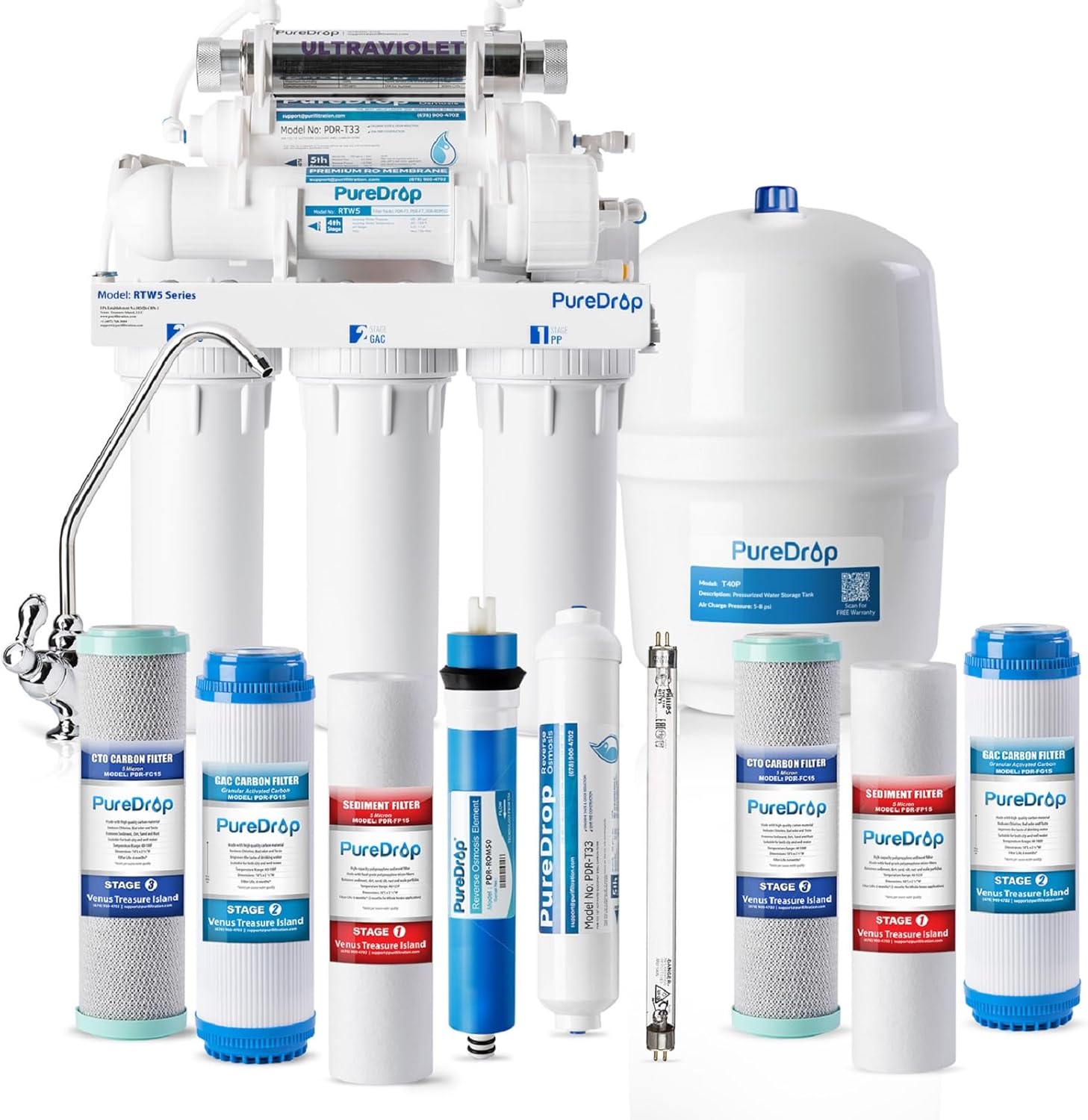 PureDrop RTW5U Reverse Osmosis Water Filter System with UV Filter, Ultraviolet TDS Reduction RO Water Filtration System, 6-Stage Under Sink Water Filter with Faucet Plus Extra 3 Filters, 50 GPD, White