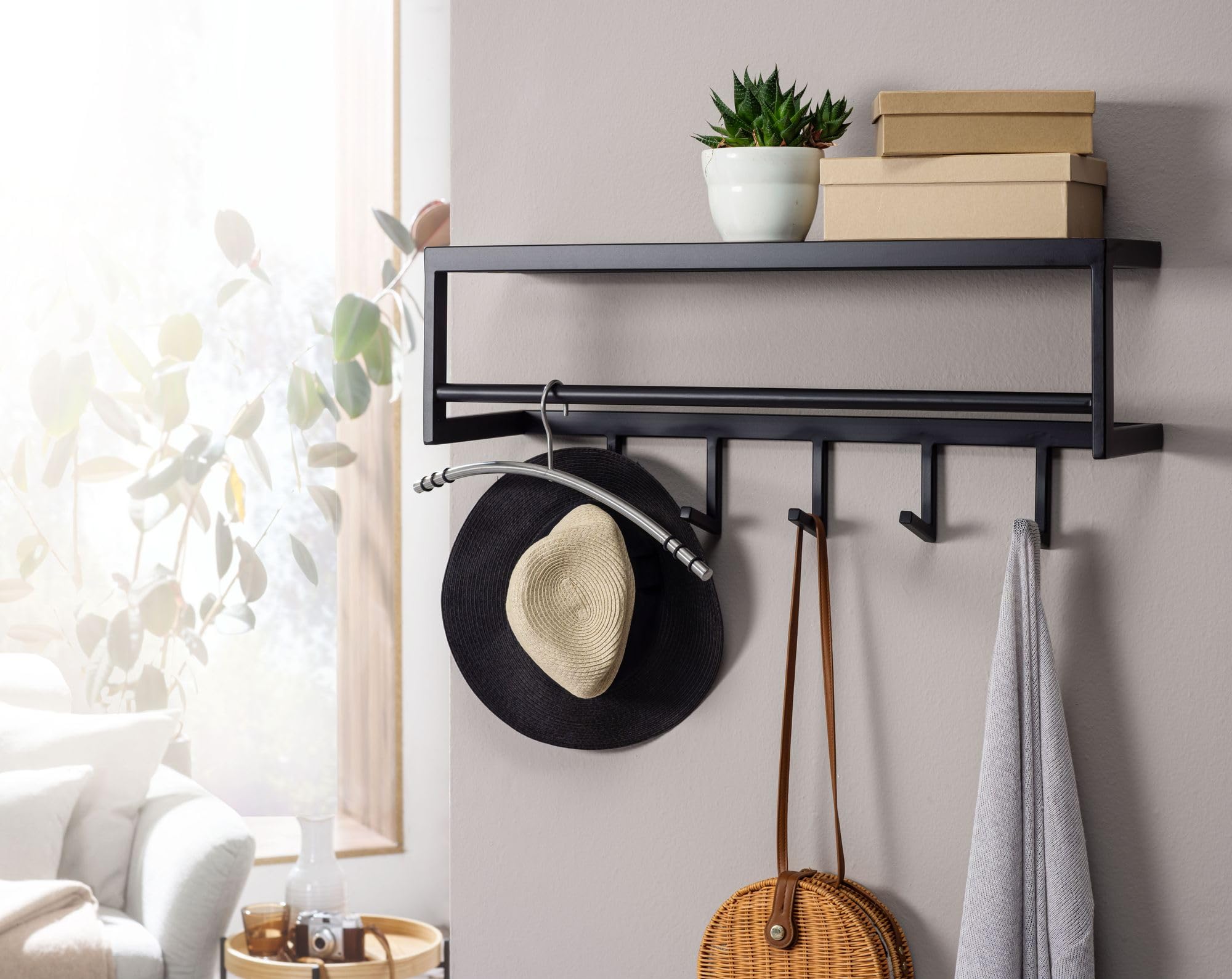 WOHNLING ścienny metalowy czarny 70x20x20 cm wieszak na ubrania z półką | Zaprojektuj stalowy panel ścienny z haczykami | Ściana do szatni z wieszakiem na kapelusze | Wieszak na korytarz