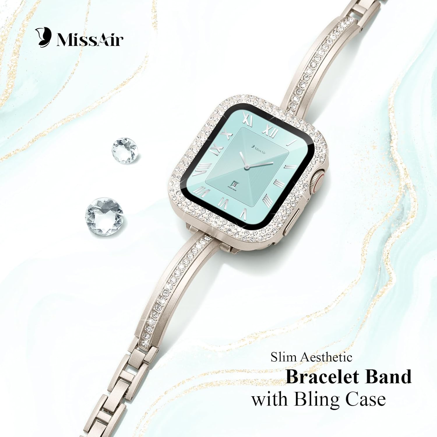 Missair Bands Compatible for Apple Watch Band 40mm 41mm 44mm 45mm with Screen Protector Case, Slim Metal Dressy Jewelry Bracelet Strap with Bling Diamond Cover for iWatch Series 9 8 7 6 5 4 for Women - Image 3