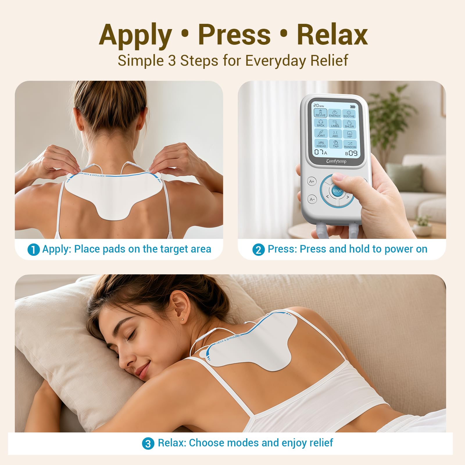 Comfytemp TENS Unit with Specialized Pads for Lower Back & Neck Shoulder Pain Relief, Easy-to-Use TENS Unit Muscle Stimulator with Large Display, Portable Dual Channel TENS Machine with Carrying Case — Amazon image 6