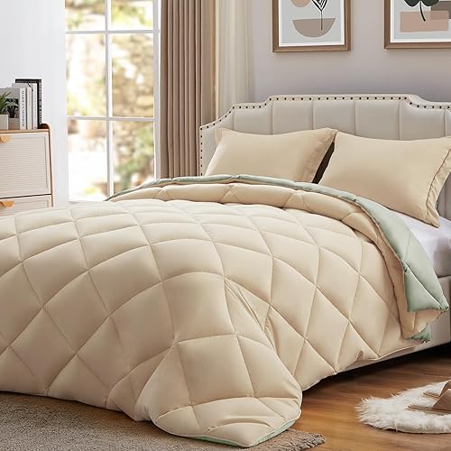 Miniatura 2 de NexHome - Juego de edredón individual Sage & Beige, juego de edredón reversible de 2 piezas, ligero, de plumón alternativo, juego de ropa de cama