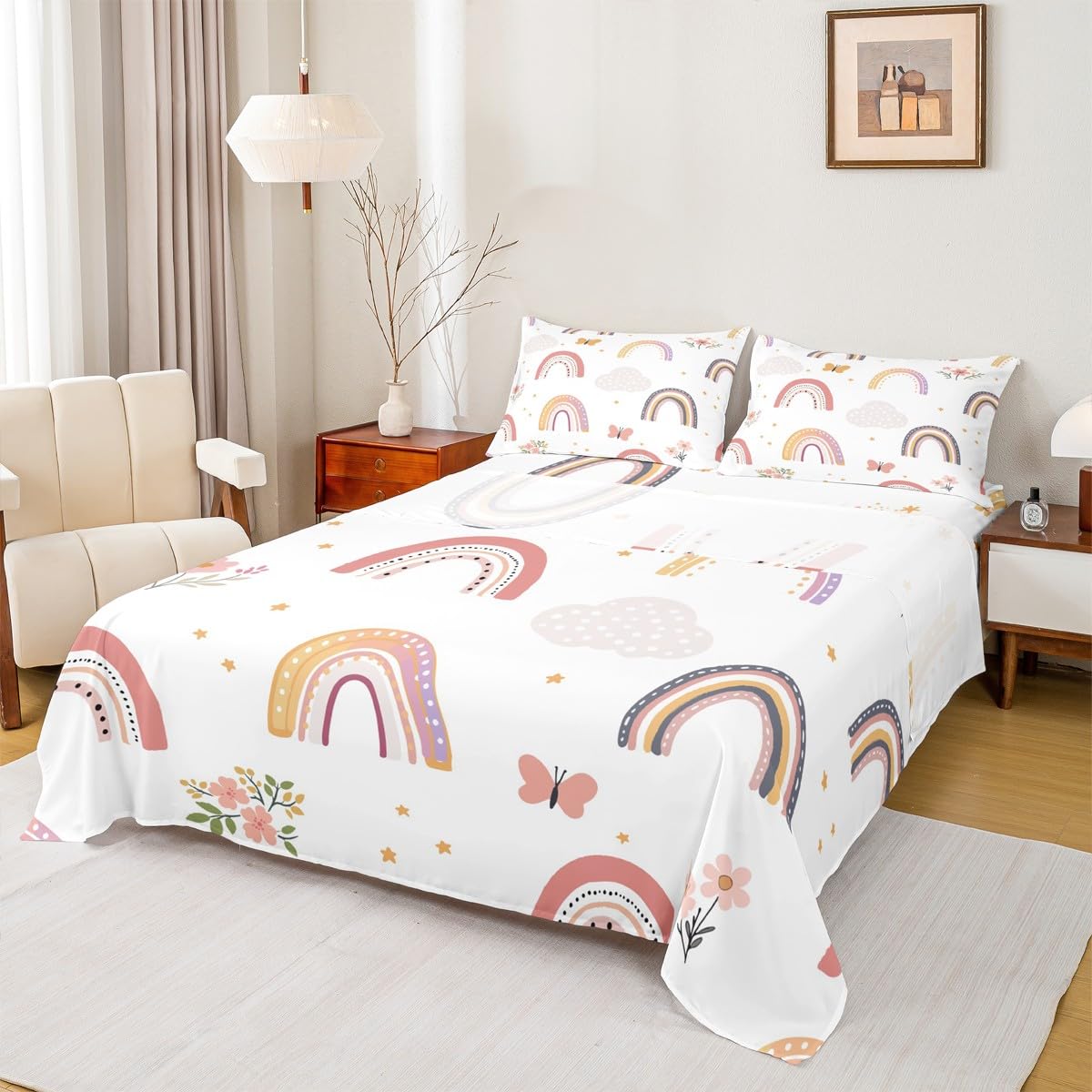 Rainbow Twin Bedding Sets For Girls,Cartoon Butterfly Bed Sheets Flower Floral Sheet Set For Kids Girls Child Women,Stars Hand Drawn Rainbow Fitted