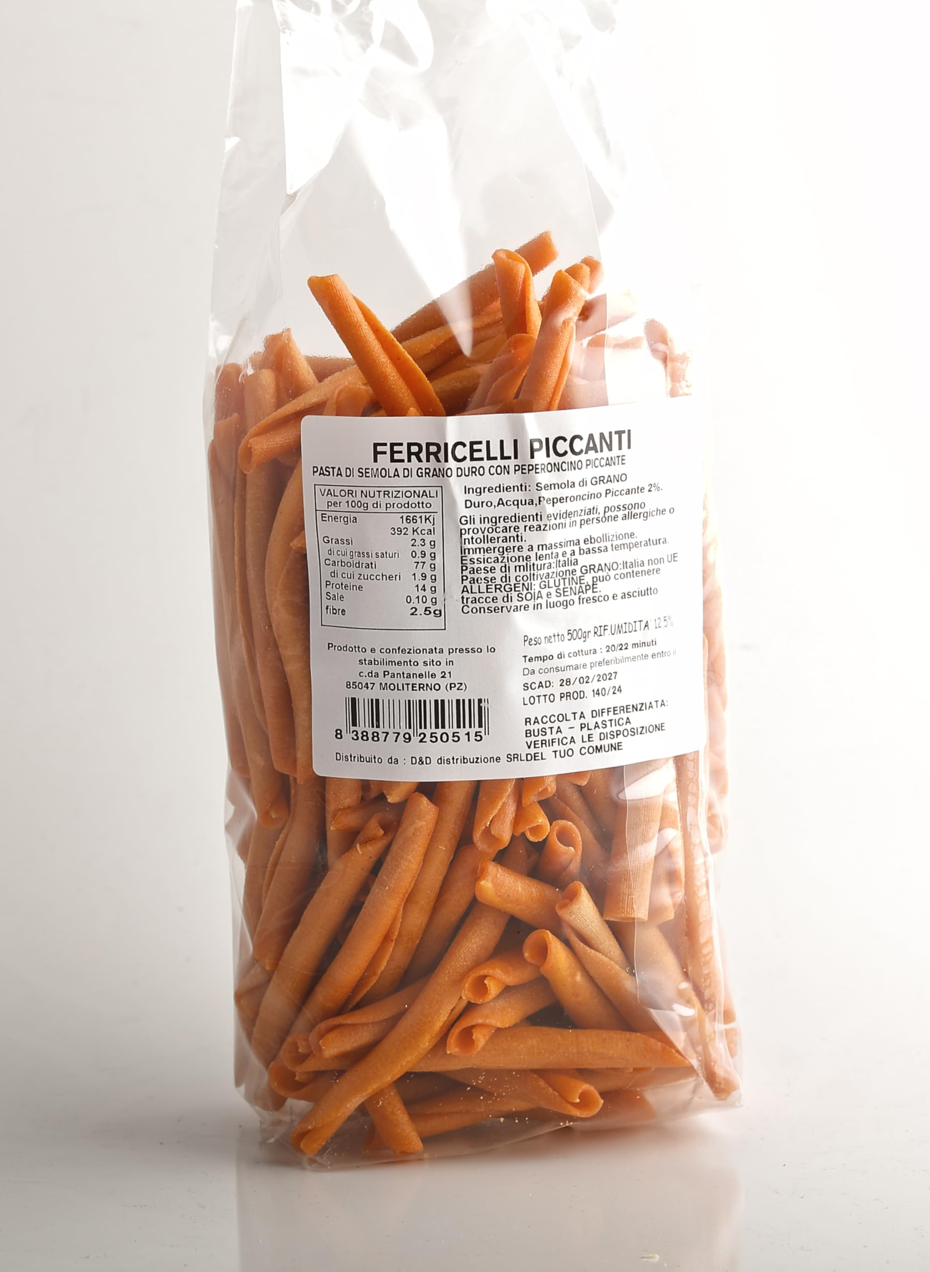PASTA SECCA - 16 PZ X FERRICELLI PICCANTI DI SEMOLA DI GRANO DURO DA 500 GR- PASTA VEGANA - FORMATO SPECIALE - PRODUZIONE ARTIGIANALE - TOTALE DI 8 KG