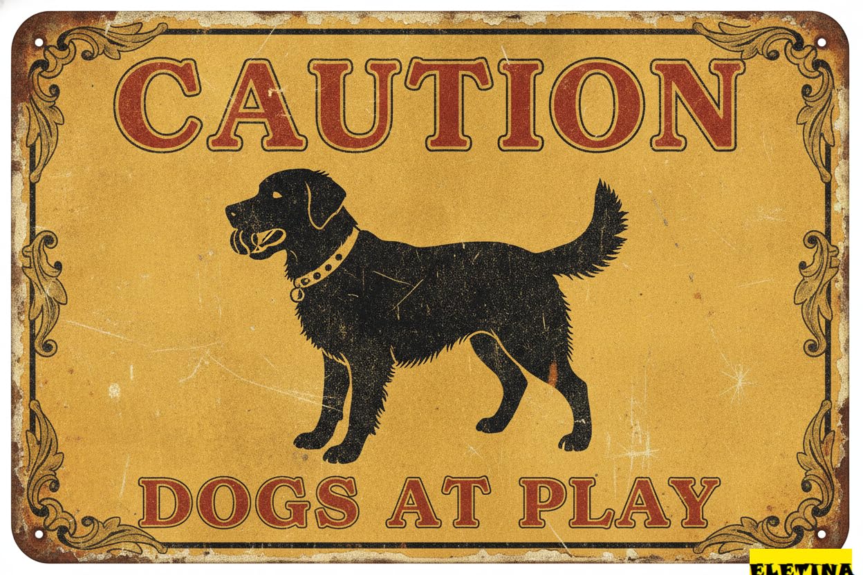 Tin Sign for Man Cave Street Wall Art Plaque Caution - Dogs At Play Metal Yard Decoration S Outdoor & Indoor Aluminum Metal Tin 8x12in Private Property Decorative