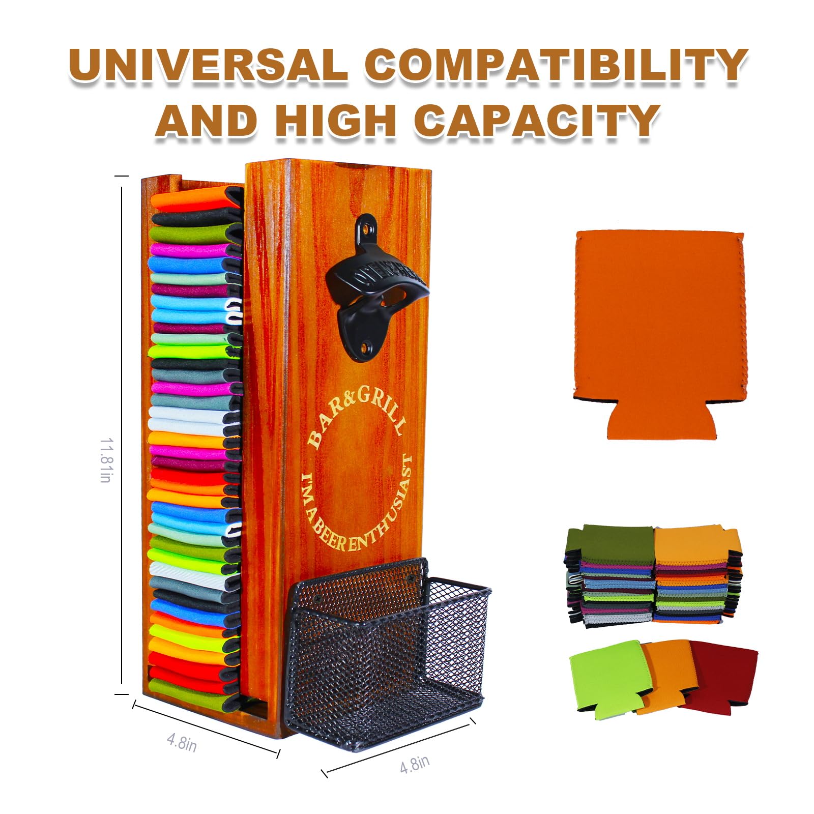Soporte 3 en 1 para enfriar latas con abrebotellas, organizador y dispensador de fundas de madera para latas de cerveza y almacenamiento de botellas de cerveza, ideal para bares y fiestas en