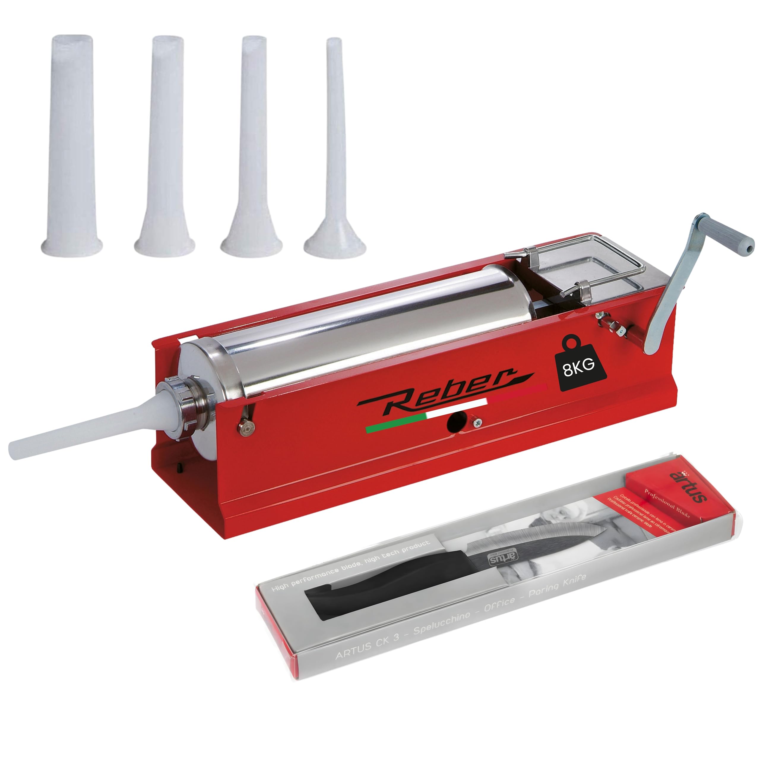 Reber Insaccatrice Manuale per Salsicce 6,8L/8KGS Orizzontale a 2 Velocità | Uso Domestico e Professionale - Struttura Robusta Acciaio INOX - Spelucchino cm. 7,5 e 4 Imbuti Inclusi