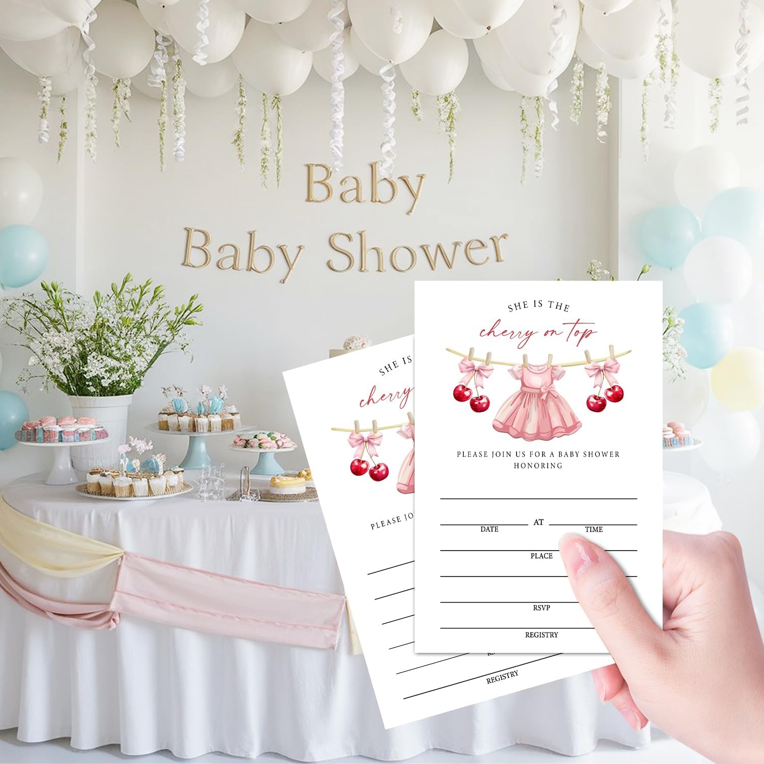 Cherry on Top Baby Shower Invitation Set - 25 Fill-In Invitations with Envelopes, Diaper Raffle Tickets and Advice and Wishes Cards, Pink Cherry Clothes Theme Gender Reveal Party Supplies /23