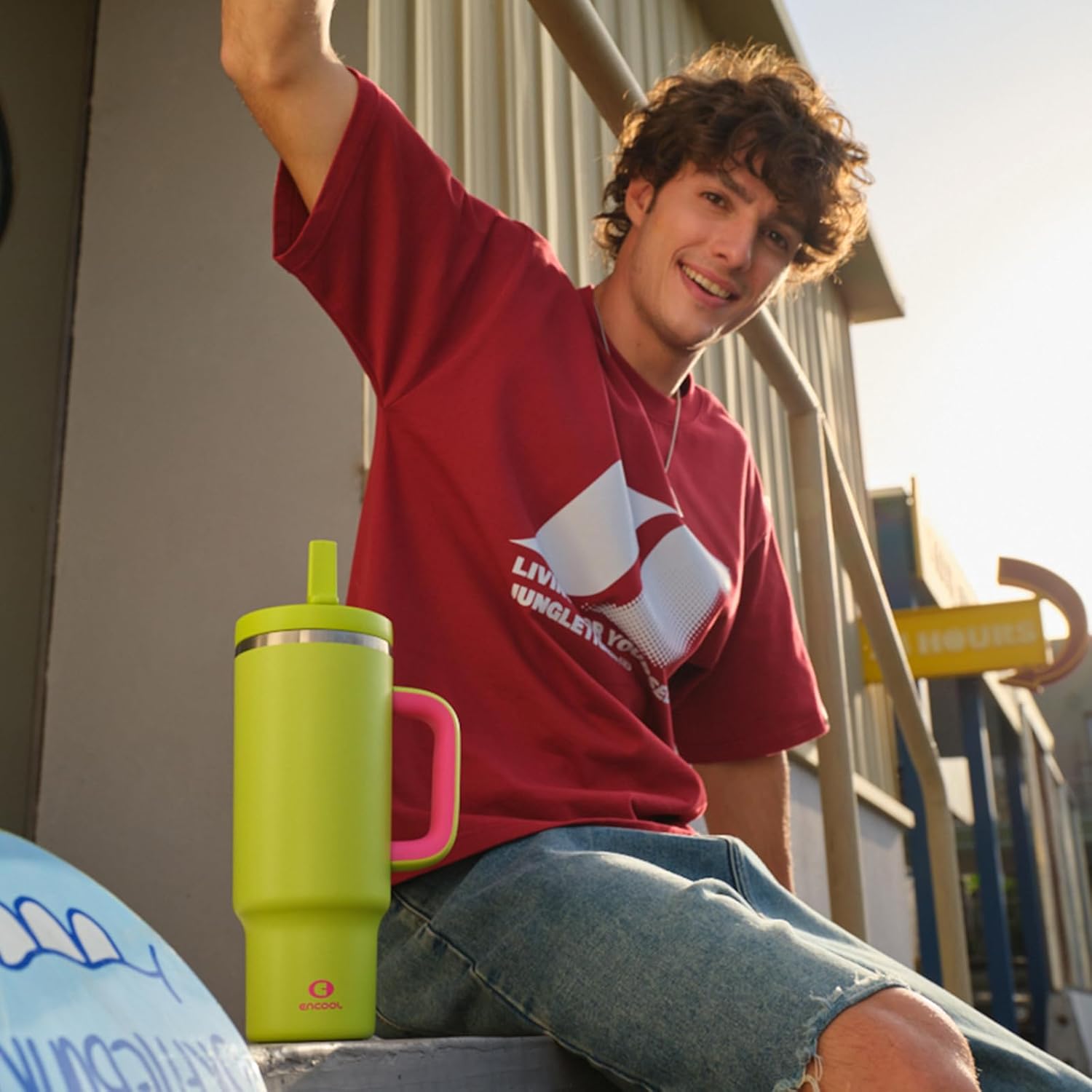 ENCOOL 40 oz Tumbler with Handle and Straw: Stainless Steel Insulated Tumbler Keeps Cold for 24 Hours, Leakproof Travel Cup Fits in Cup Holder and BPA-Free,Acid Green - Image 3