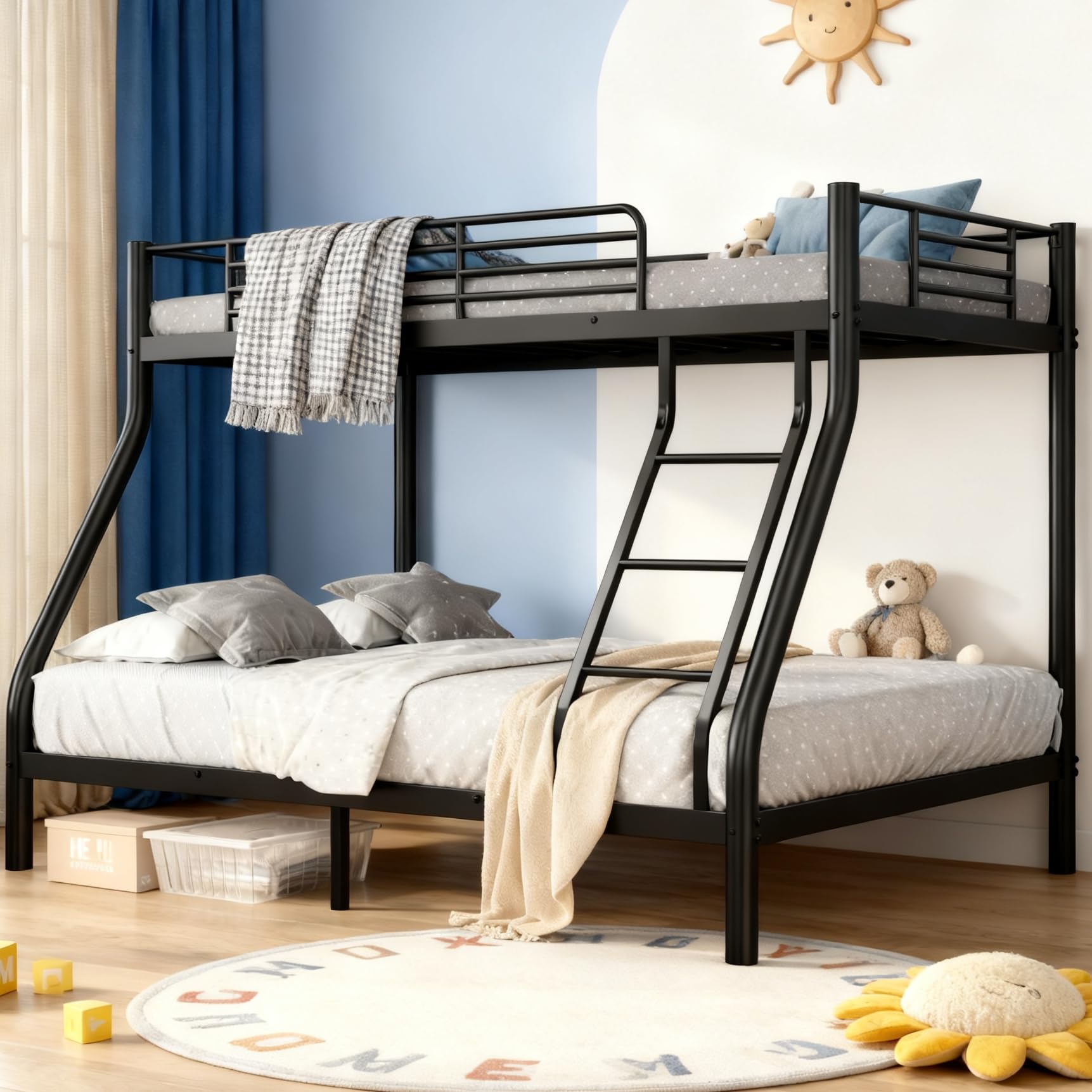 AEMSOFK Twin Over Full Bunk Bed for Adults, Metal Bunk Beds Twin Over Full Size for Teens Dorm Bedroom Guest Room, Heavy Duty Bunk Beds with Ladder &