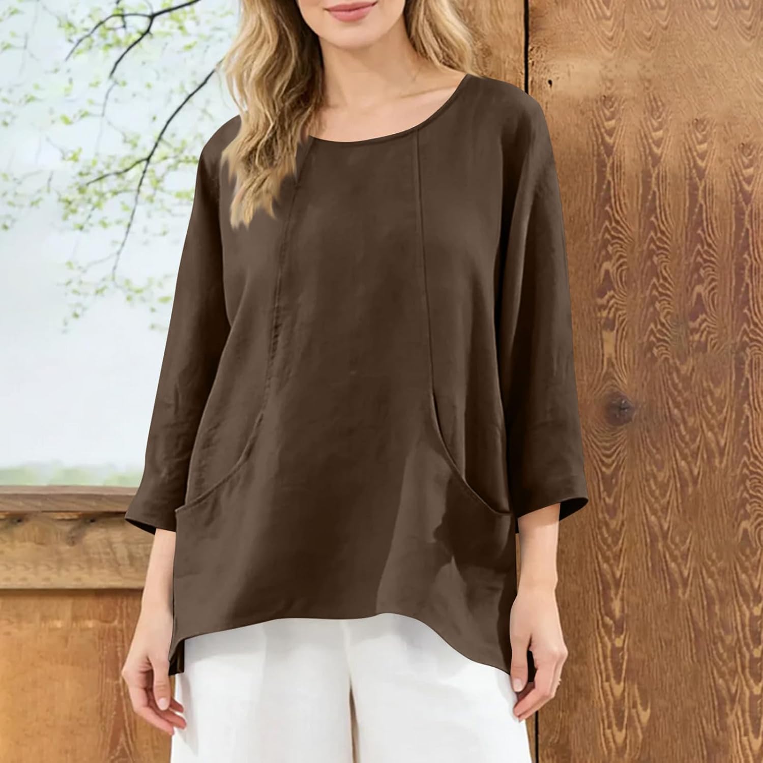 SMIDOW Women Linen Shirts Trendy 2026 - Oversized Long Sleeve Crewneck Long Tunic Tops Casual Spring Summer Blouses - Image 2