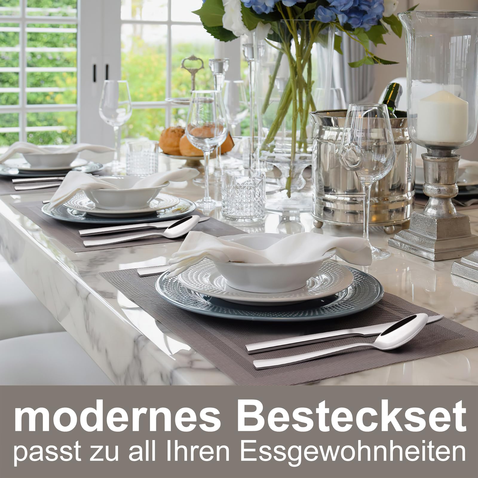 Besteck Set 12 Personen, 60 teilig Edelstahl Besteckset, Essbesteck Set mit Messer Gabel Löffel, Edelstahl Essbesteck für Familie/Party/Restaurant, Hochglanzpoliert & Spülmaschinenfest