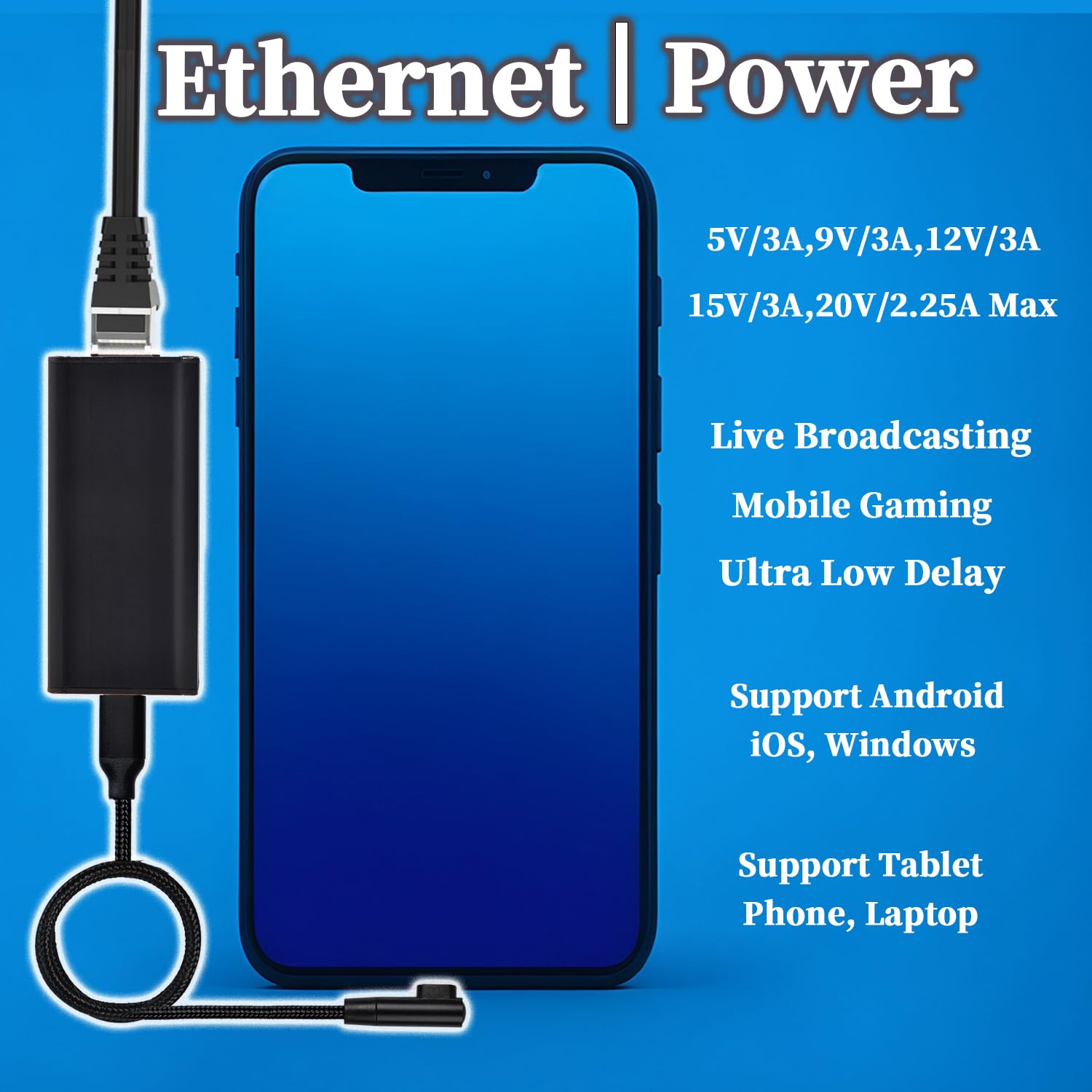 Gigabitowy adapter konwertera PoE na USB-C, moc wyjściowa typu C i Ethernet 2 w 1, maks. ładowanie 45 W 5 V do 20 V, do smartfona, tabletu, laptopa, szybkość 1000 Mb/s, IEEE802.3af/at/bt