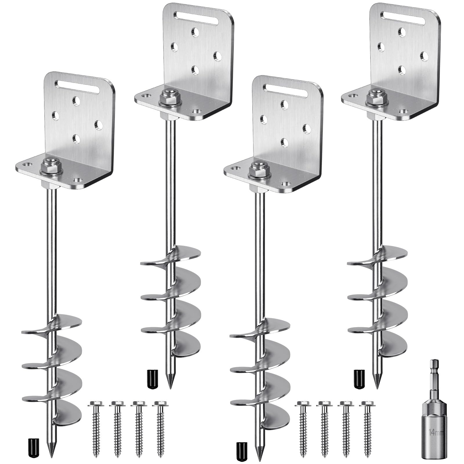 Insaga 18'' Heavy Duty Ground Anchors 10mm Solid Steel with L Bracket, for Trampoline Mobile Home Swing Set Shed Carport Tent Earth Anchor Fence, 2.7" Helix Blade & Chrome Plated Finish, 4Pack