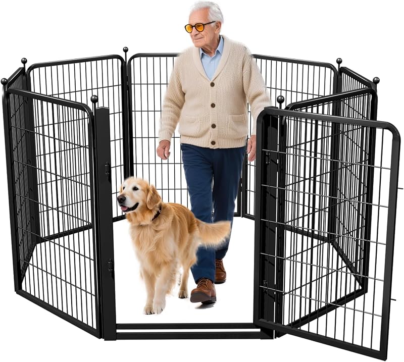 Dog Playpen, 40 inch 8 Panels Dog Fence with Extra Wide Gate, No-Tripped Pet Playpen Rustproof Dog Pen Indoor Puppy Playpen for Temporary Containment, Portable Pet Fence for RV Camping