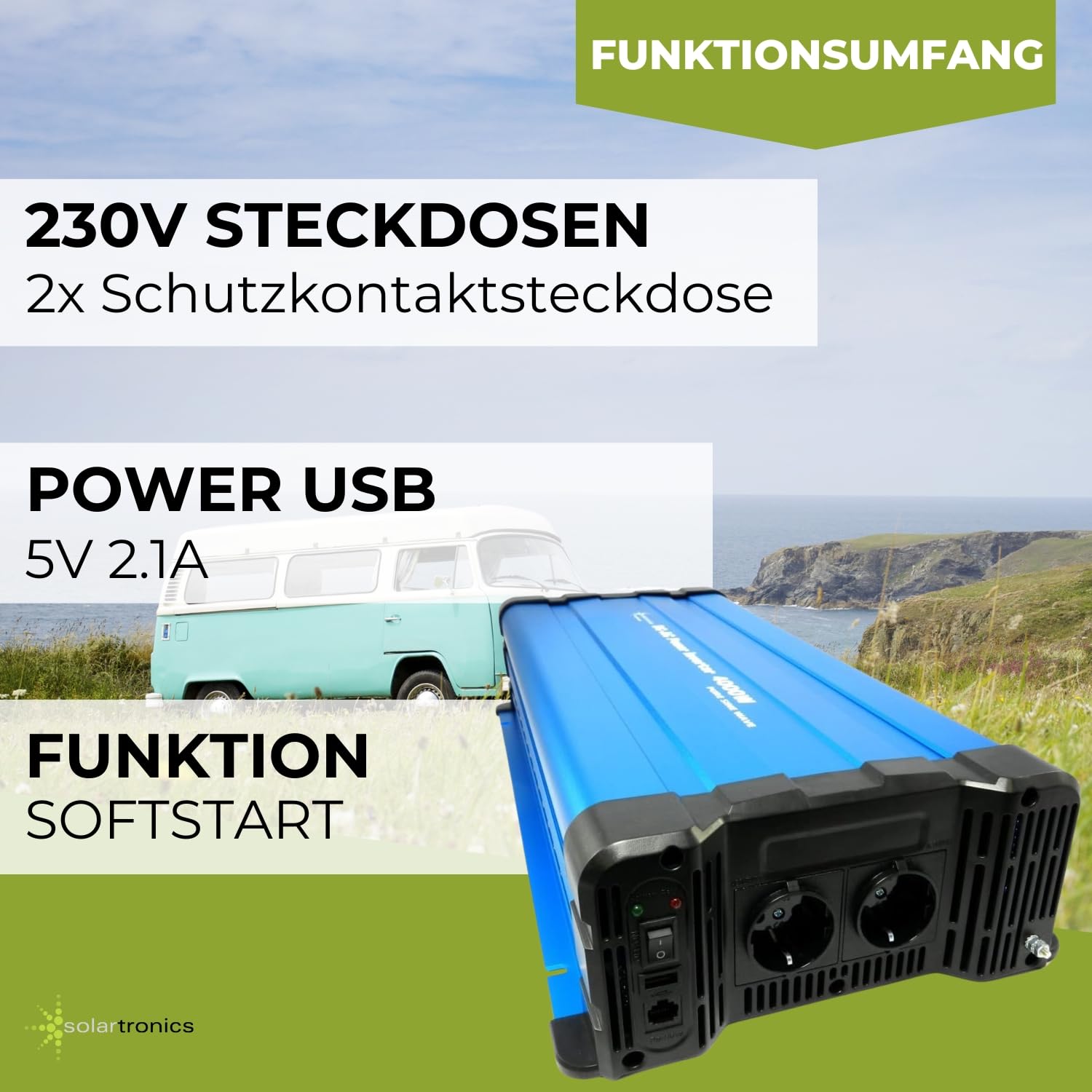 solartronics FS4000DR przetwornica napięcia 12 V 230 V 4000 W, czysty sinusoidalny falownik solarny USB z pilotem zdalnego sterowania CRW88