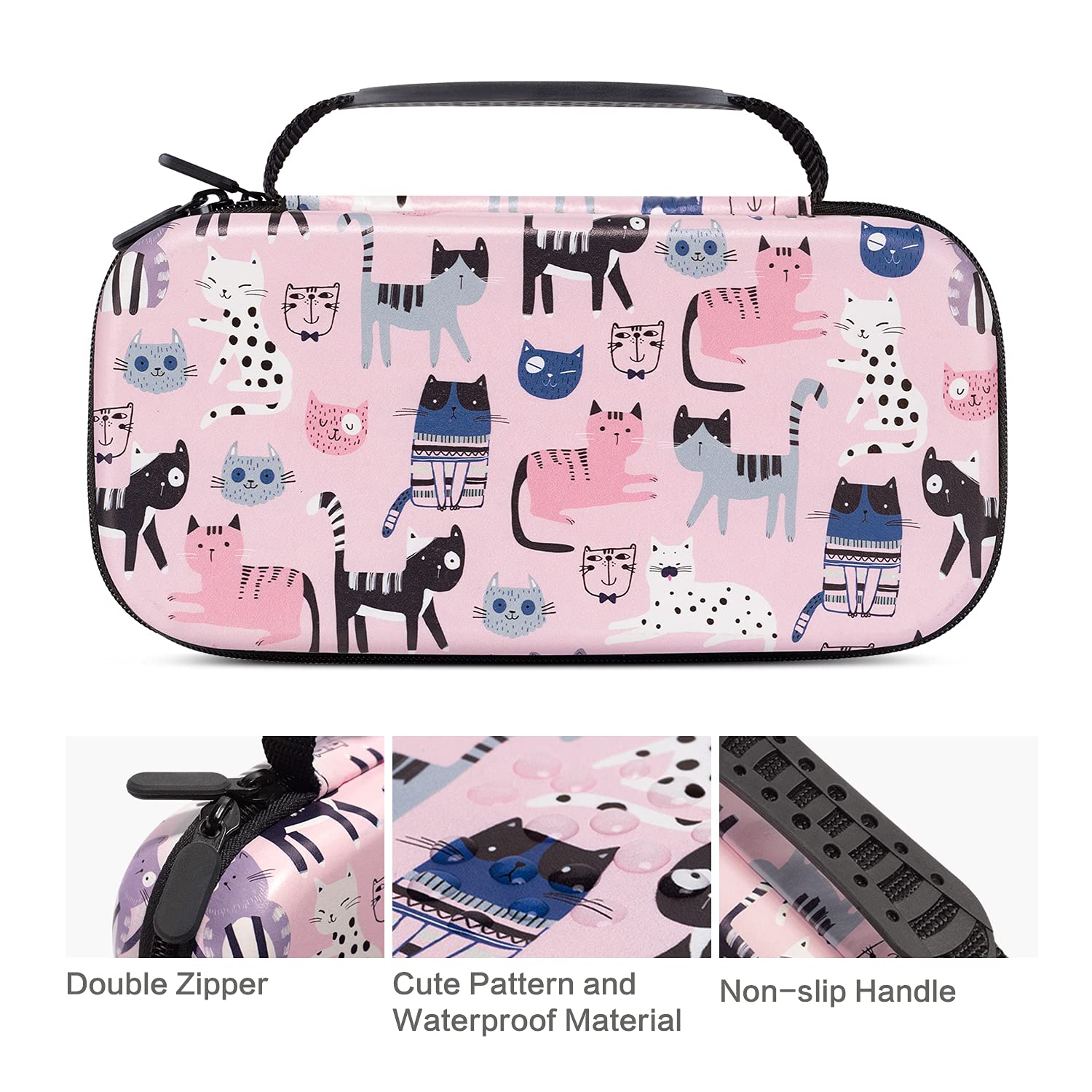 CutebriCase Nintendo Switch Case OLED Model 2021 & 2017, Cat Pink, Hybrid Hard Shell, 16 Game Card Slot, Portable Handle - Image 5